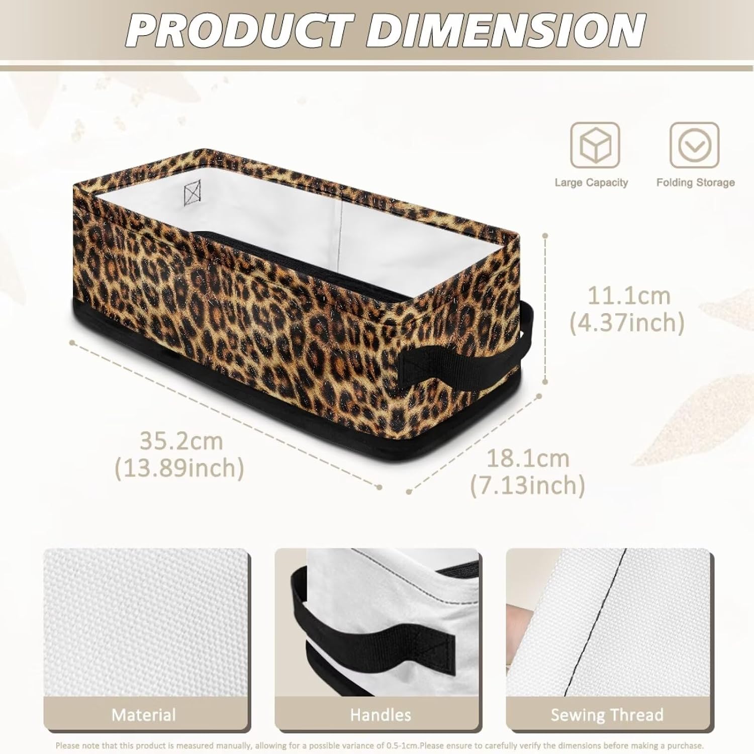 Narrow Storage Bin Toilet Tank Topper Baskets Foldable Rectangular Fabric Organizer Bin Caddy With Handles for Towels Bathroom Essentials Small Items, Leopard Print