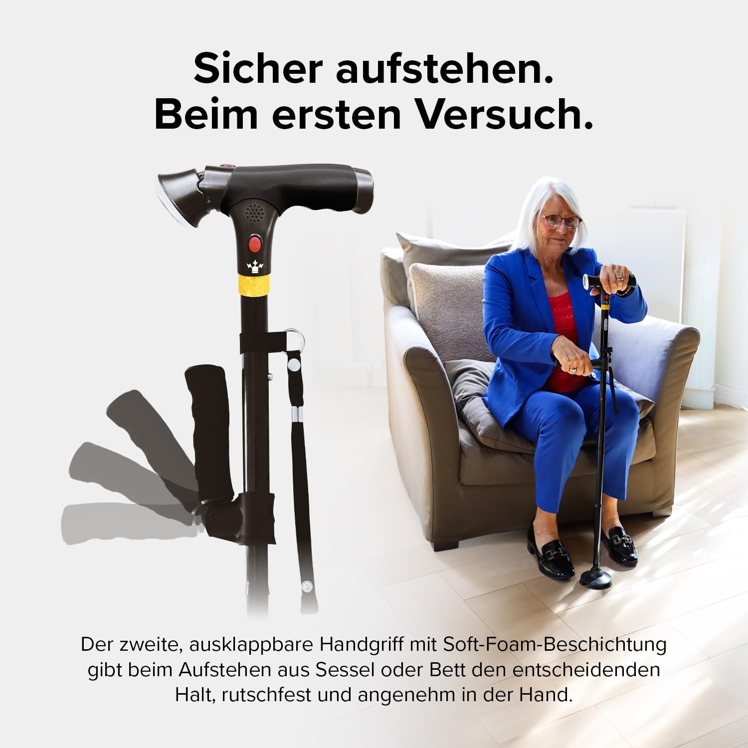 DR. HO’S Get Up & Go | Gehstock Damen & Herren mit LED-Licht & Alarmknopf | Gehstock klappbar & höhenverstellbar | Gehhilfe für Senioren & Erwachsene | Spazierstock 4-Punkt-Standfuß | Walking Stick