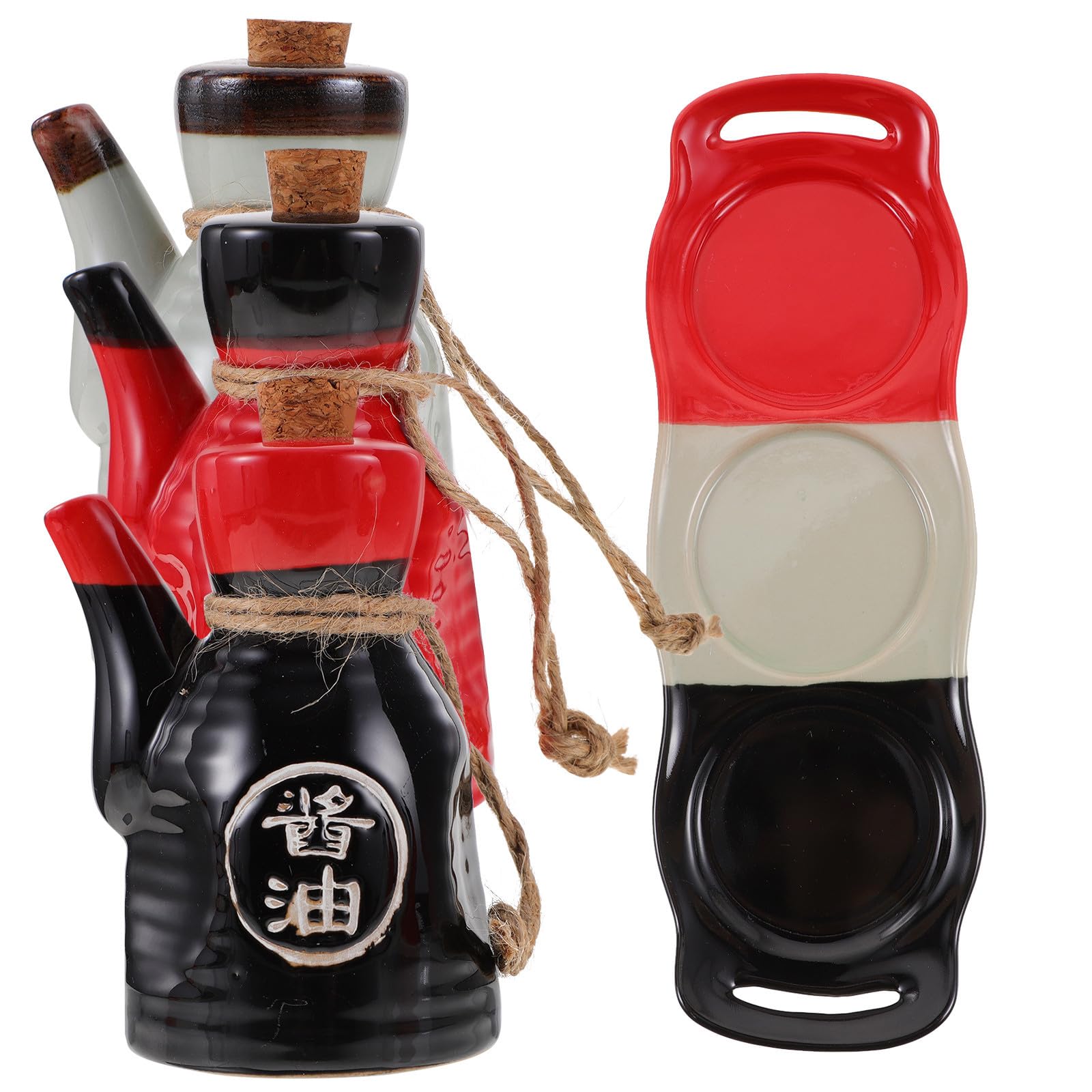 Set di Bottiglie Giapponesi per Salsa di Soia e Aceto Ceramiche 200 Ml | Vassoio e Tappo in Sughero, Uso Quotidiano in Cucina, Stile Giapponese Tradizionale