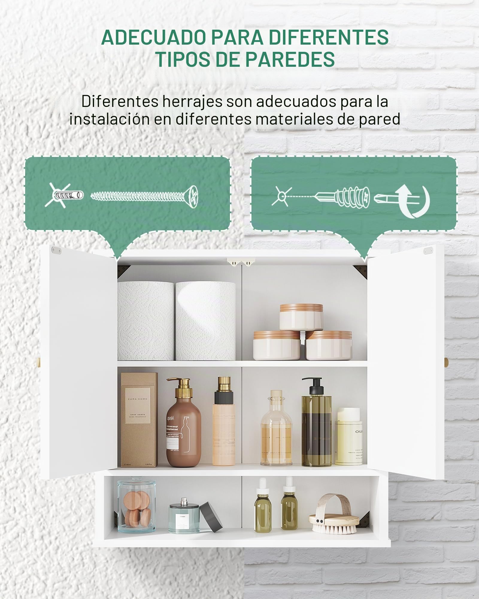 Hzuaneri Armario de Pared de Baño, Armario de baño Encima del Lavabo con 2 Puertas, Espacio Abierto y Estantes Ajustables Armario de Medicina, Blanco con Veta de Madera BC40113X