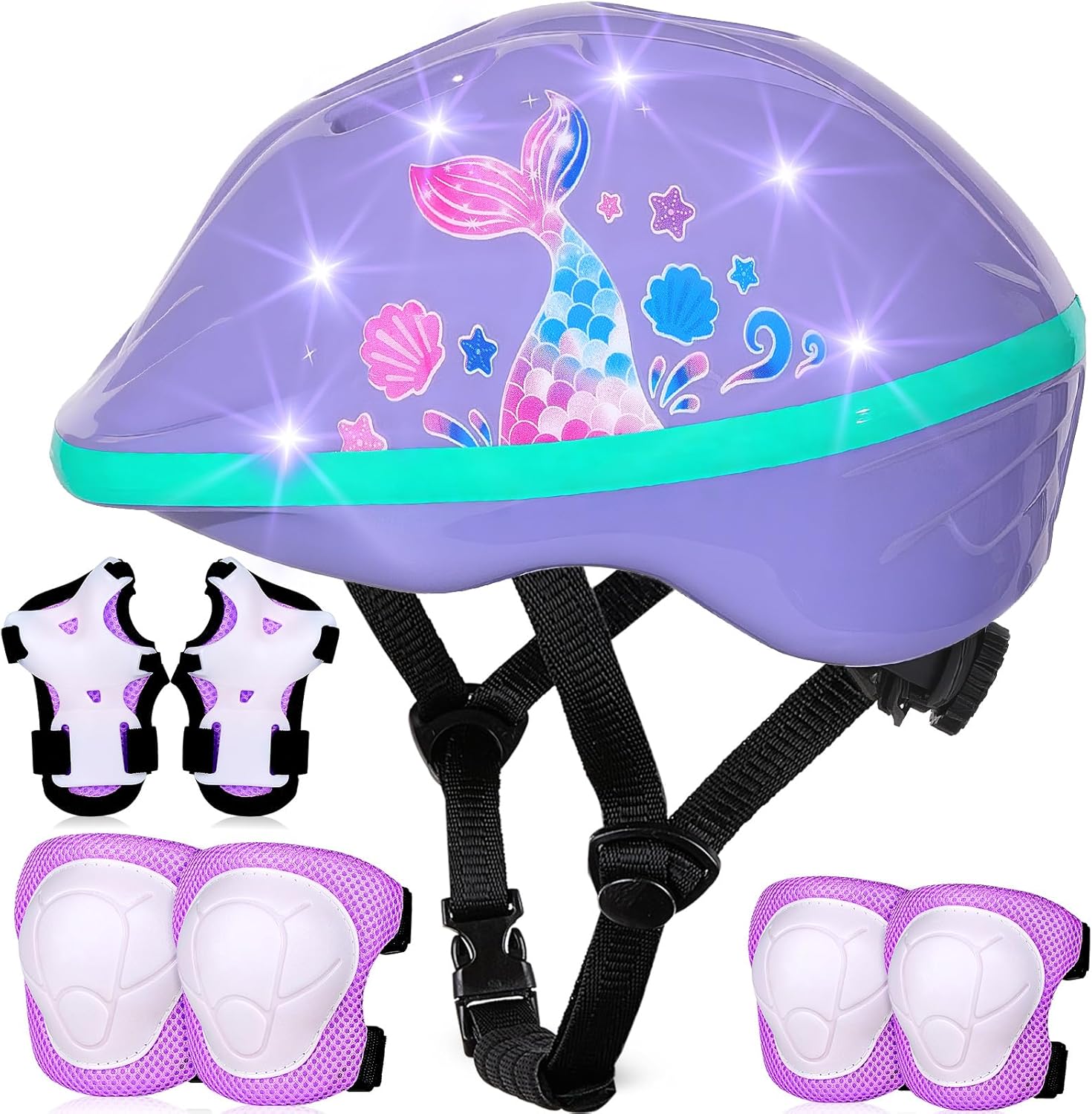 Toddler Helmet, Kids Helmet with LED Lights, Bike Helmets with Toddler Knee Pads and Elbow Pads Set for Kids 3-5-8 Girls Bicycle Scooter Skateboard Helmets