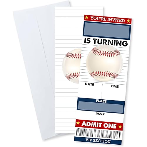 Baseball Birthday Invitations, 20 Pcs Fill In Baseball Sport VIP Tickets Invites With Envelopes For Boys Girls Teens Birthday, Sport Party Favors And Supplies(3 X 8 In)- A07