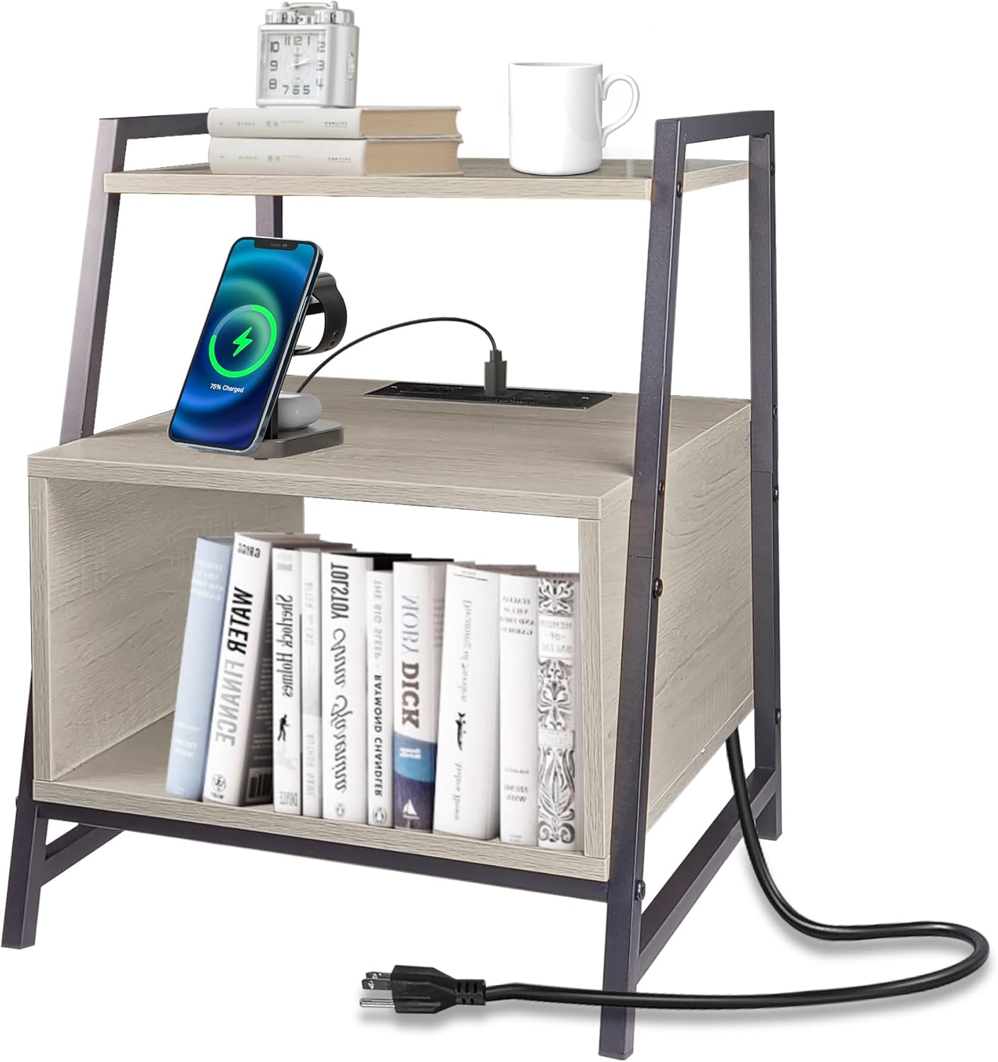 Grey Nightstand with Charging Station - Small End Table, 3-Tier Storage Shelf, Bedside Table with USB Ports and Outlets for Bedroom or Living Room