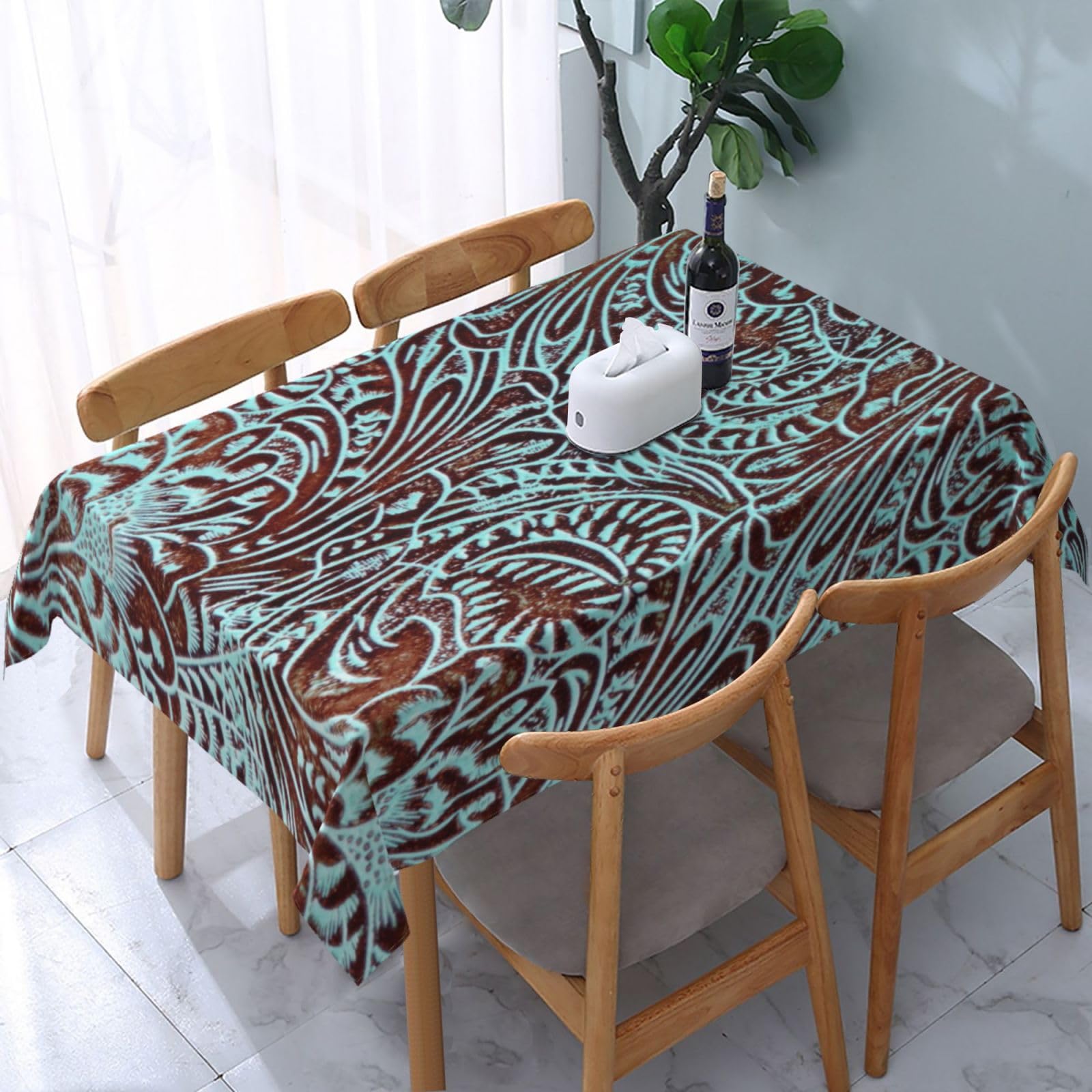 HLBSDM Tooled Leather Country Western Turquoise Rectangle Tablecloth, Suitable for Wedding, Party and Restaurant Festival Gathering Event Polyester Fabric Decorative Tablecloth(54x72in)