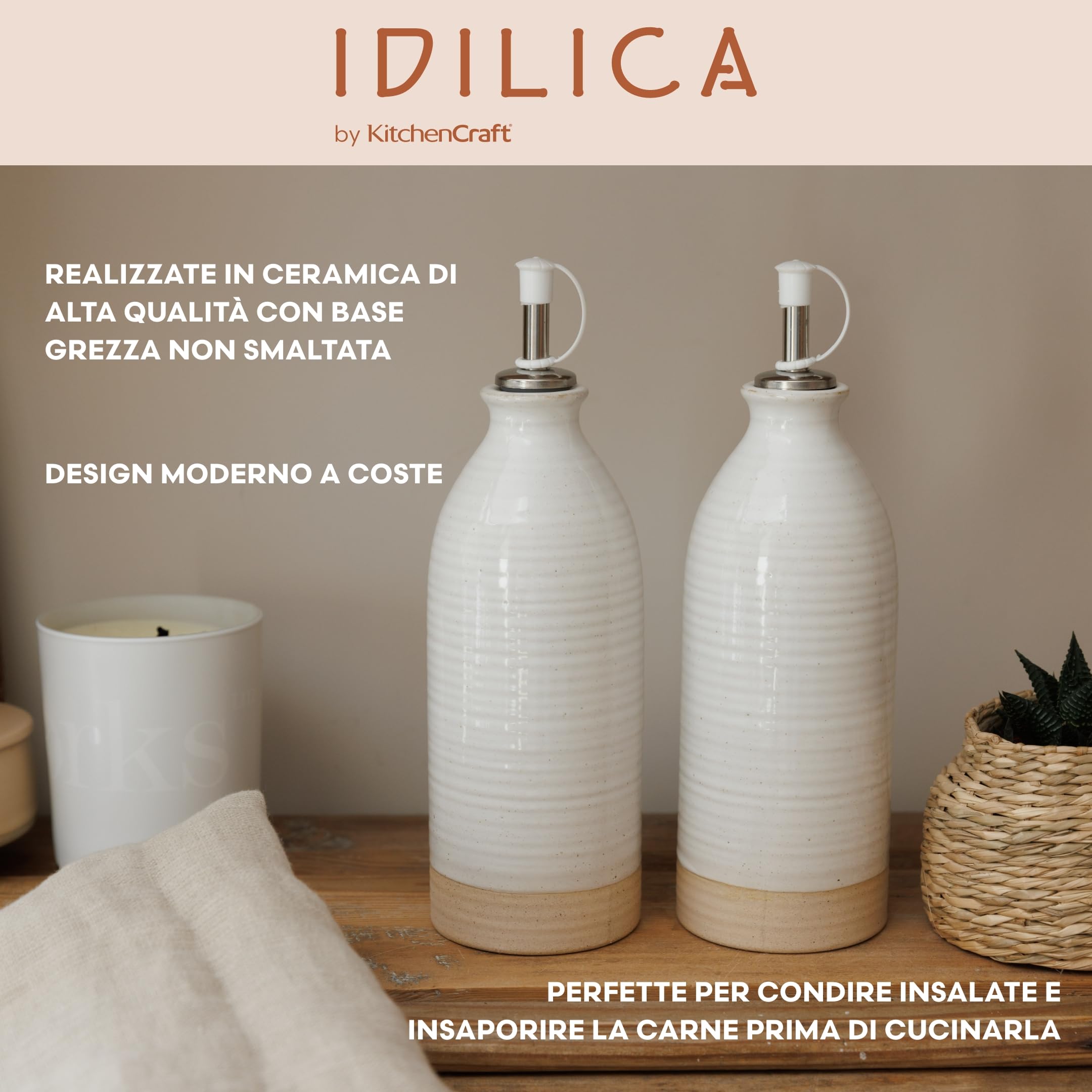 KitchenCraft Idilica Bottiglie per olio e aceto in gres, Set di 2 versatori per olio e aceto in ceramica con base non smaltata, crema, 45ml