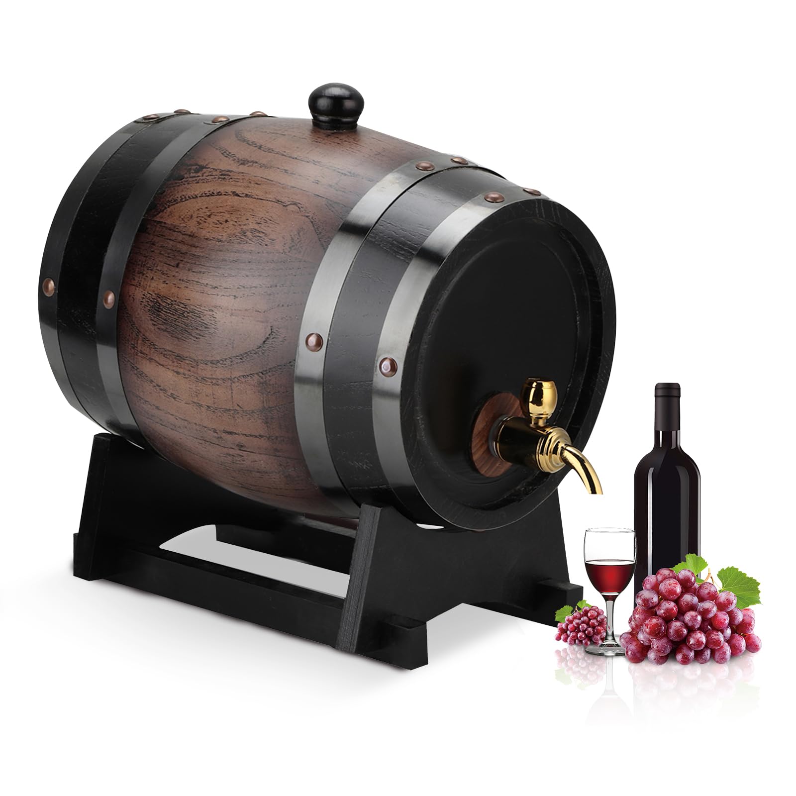 Holz Whiskyfass 3 Liter Vintage Eiche Weinfass mit Zapfhahn und Stand, Oak Whiskey Fass Spender für Wein, Bier, Rum, Spirituosen, Gin, Bourbon, Tequila
