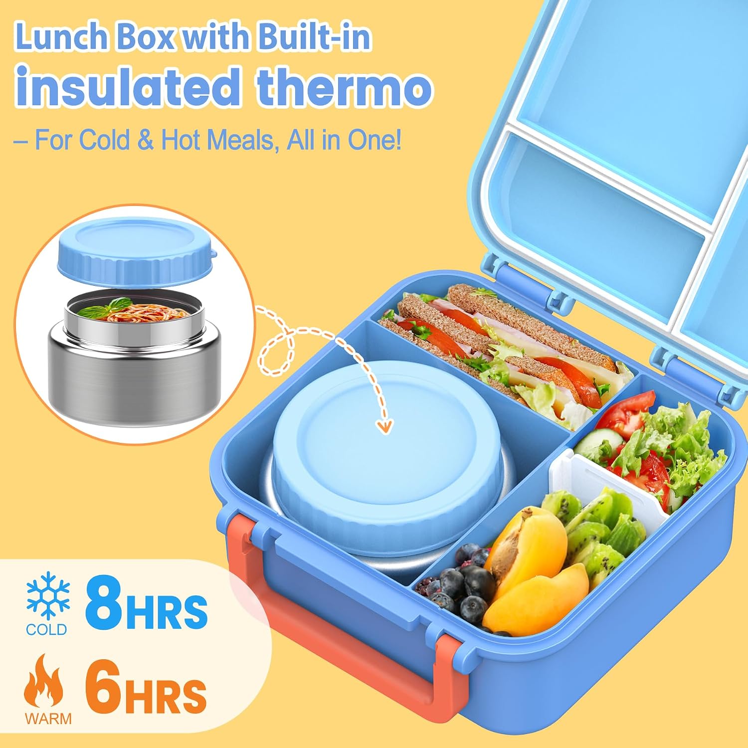Bento Lunch Box for Kids with 9oz Thermo, Waterproof Kids Stickers, Leak-proof Lunch Containers with 3 Compartments,Kids-friendly Size,Durable/Dishwasher Safe Lunch Box for School Outdoors-Blue image 5