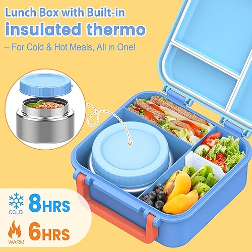 Miniatura 3 de Lonchera Bento para niños con termo de 9 onzas, recipientes de almuerzo a prueba de fugas con 3 compartimentos, tamaño apto para niños, lonchera