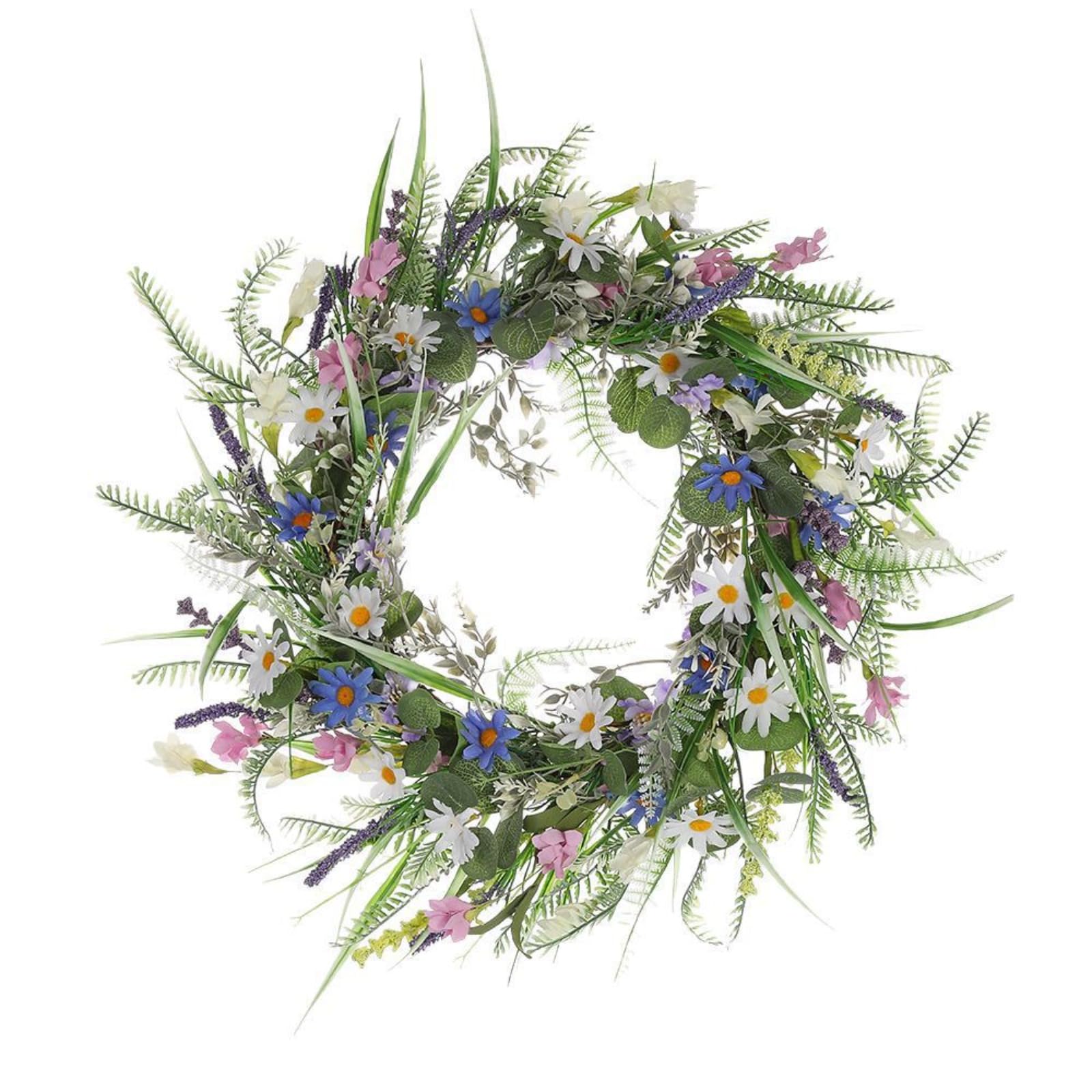 22 Inch Artificial Spring Wreath for Front Door, Daisy and Lavender Flower Wreath, Spring Summer Door Decor for Farmhouse, Porch, Wall, Home Seasonal Decoration