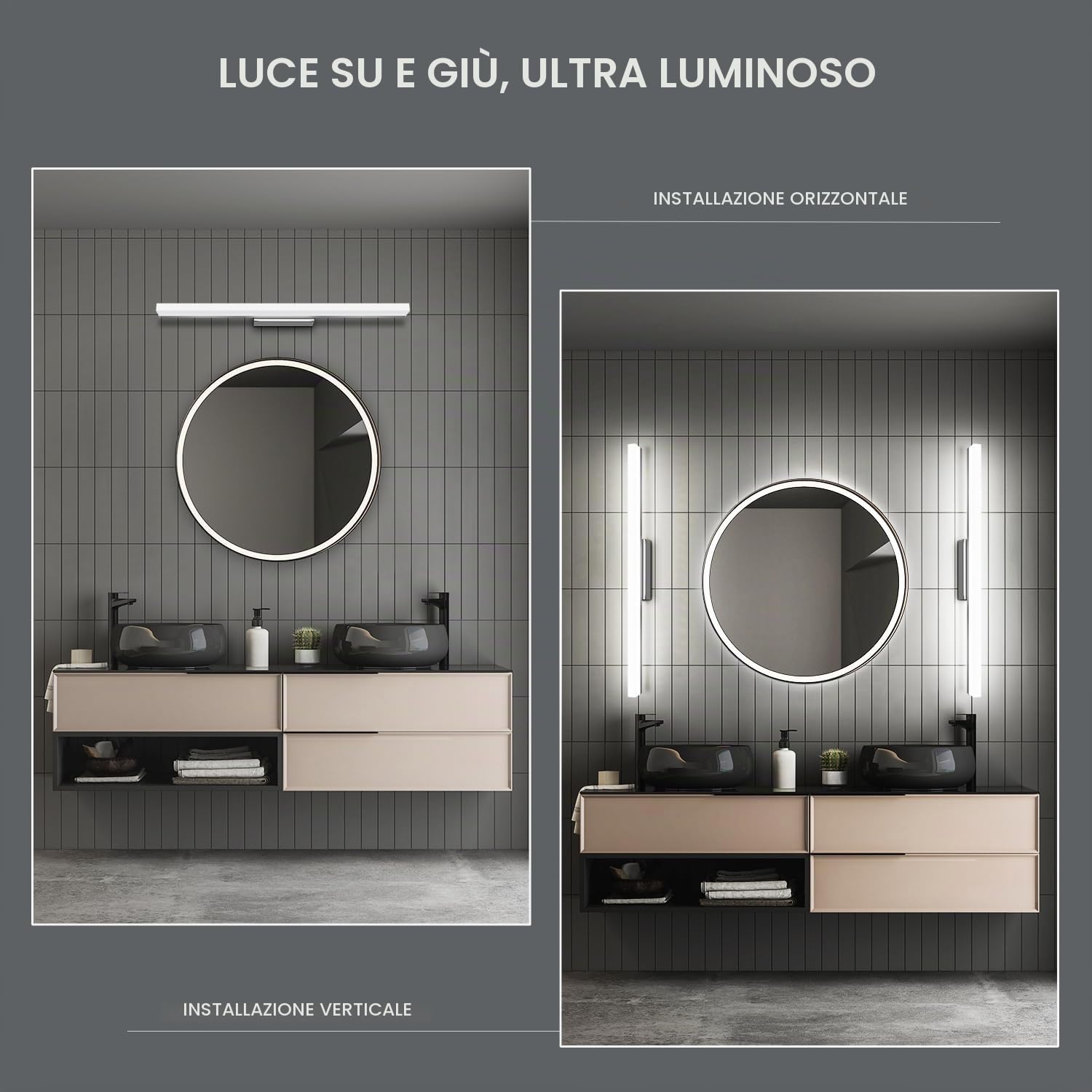 Kingwen Lampada da Specchio Bagno 12W 60cm LED Lampada da Specchio，Luce Specchio Bagno Bianco freddo 6000K， Luce per specchio da bagno Impermeabile IP44 | 1200 lm, bianco freddo, montaggio a specchio, mobile o parete, acciaio inossidabile, per trucco e ra
