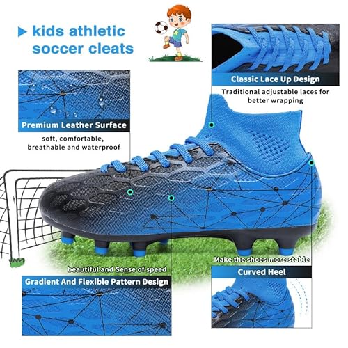 Hanani Boys Girls Soccer Cleats for Kids Football Shoes High Top Training Youth Football Cleats Outdoor/Indoor Athletic Turf Shoes Black Blue