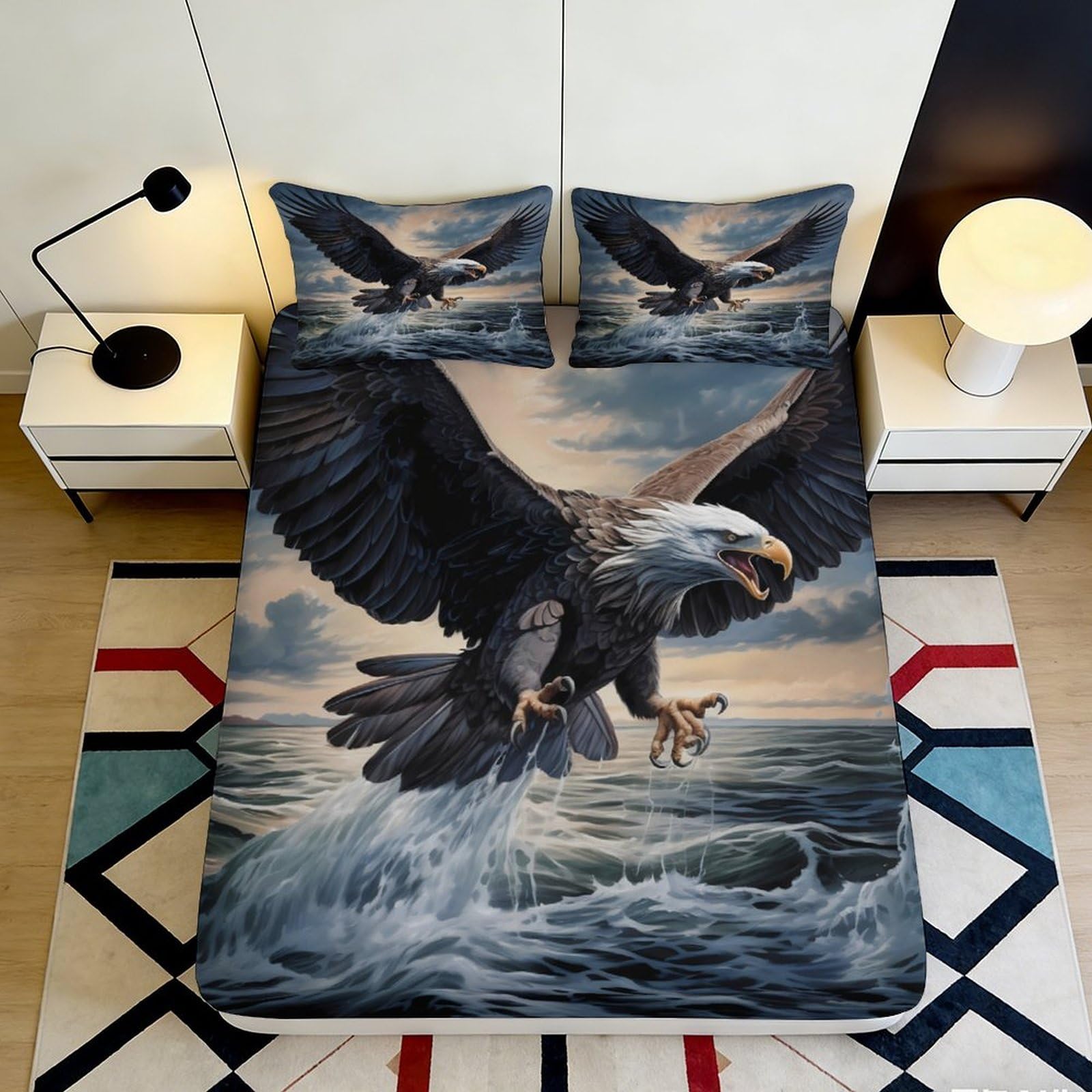 Jxqhbvmg Style-5 3D Printed Eagle Design Fitted Sheet Microfiber Deep Pocket Non-Slip Bedroom Bedding Eagle Mattress Fitted Cover For Adults Washable 90X200x25cm