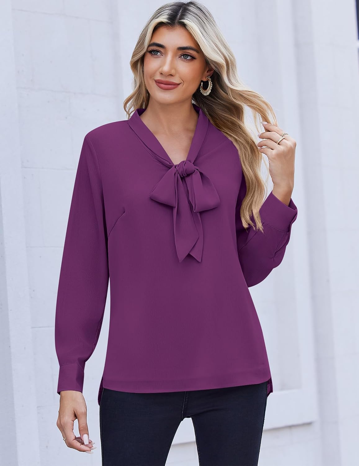 Zeagoo Womens Blouses Chiffon Long Sleeve Shirts Bow Tie Neck Work Tops Business Casual Outfits - Image 4