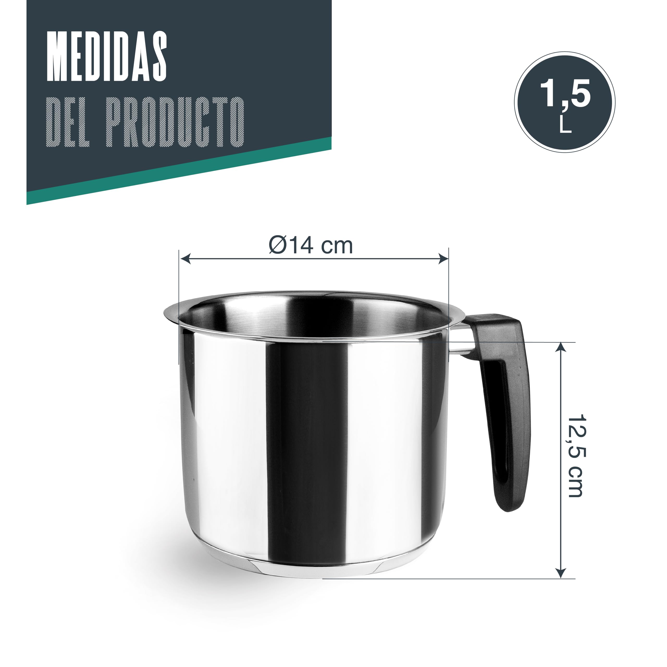 Lacor - 80714 - Pote Cilíndrico Caliza, Acero Inoxidable 18/10, Mango Baquelita, Triple Fondo Difusor, Compatible Inducción, Lavavajillas, ø14cm, 1.5 Litros