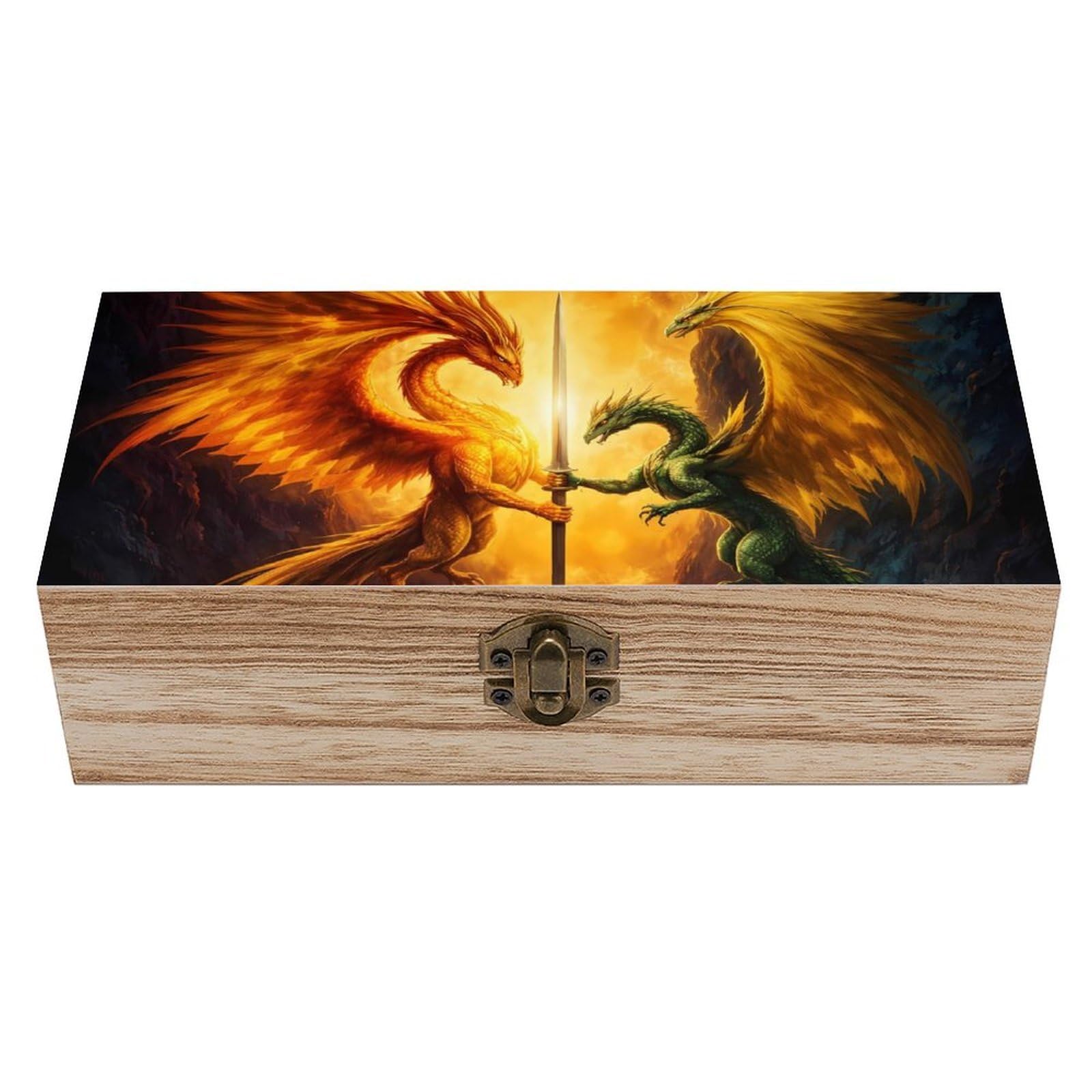 SMAZDFXX Flame Dragon Western Wooden Storage Box With Hinged Lid Decorative Front Clasp Keepsake Boxes