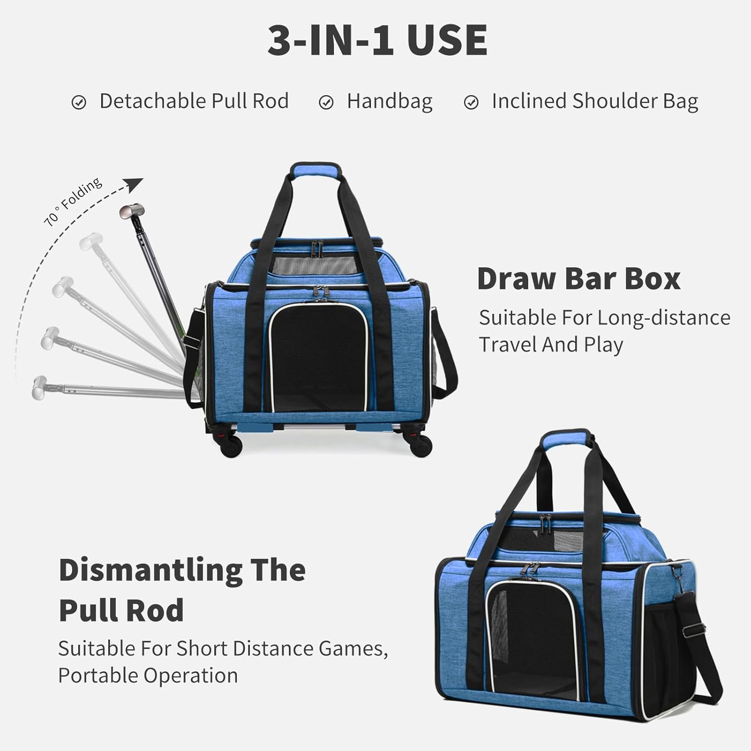 PETCUTE Large Dog Cat Carrier with Wheels,Foldable Rolling Pet Carrier for Cat Dog Under 18 lbs,Breathable Cat Carrier Travel Bag with Telescopic Handle and Mesh Pocket for Outdoor Walking Travel