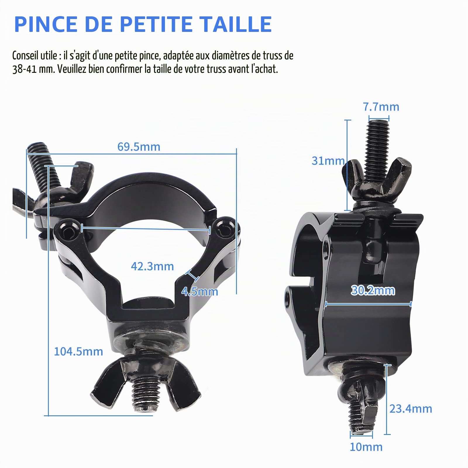 DBREAKS Truss Clamp Crochet de Fixation - TÜV, 4Pcs Crochets de Fixation Éclairage de Scène, 38-41mm Alliage d'aluminium Crochets de Fixation Éclairage de Scène, Pinces pour Éclairage de Scène, Noir