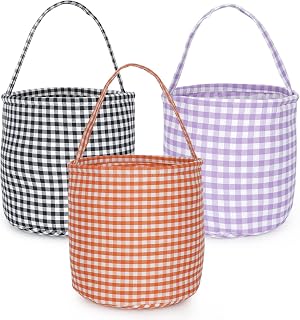 3 Pack Halloween Trick or Treat Treating Buckets Candy Basket Tote Bag for Kids Cute Bags Plaid Buffalo Check Plaid