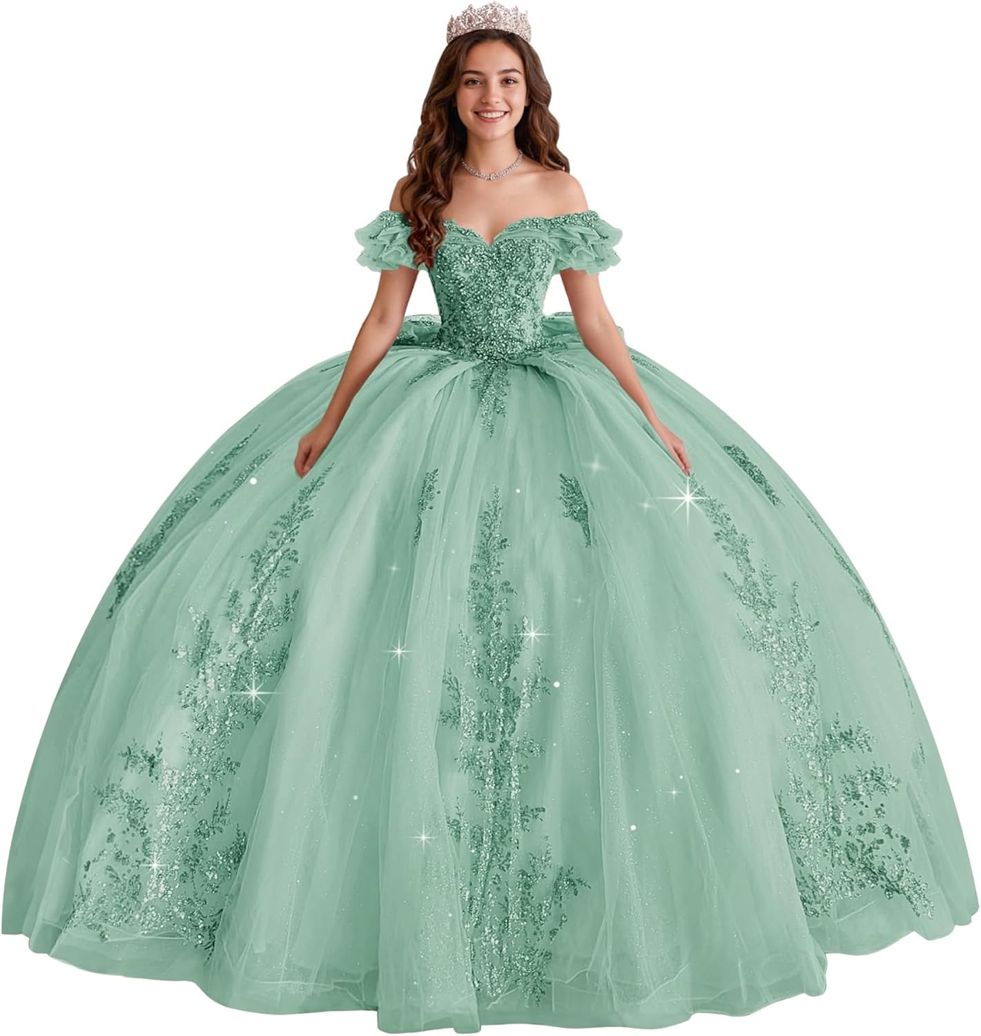 Crystal Off Shoulder Quinceanera Dresses Sequin Appliques Sweet 16 Dress with Bow Tulle XV Dress with Train