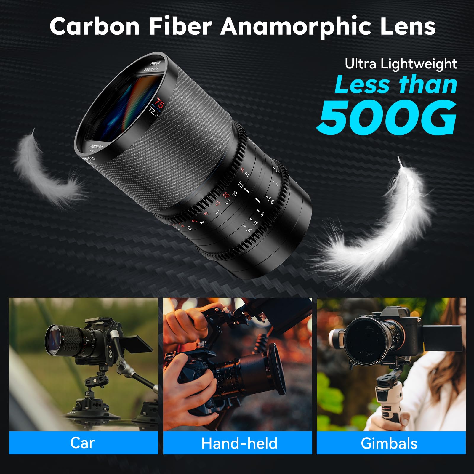 SIRUI Saturn Objectif anamorphique en Fibre de Carbone T2.9 1,6X pour appareils Photo a? Monture L, Moins de 500 g (Flamme Neutre)