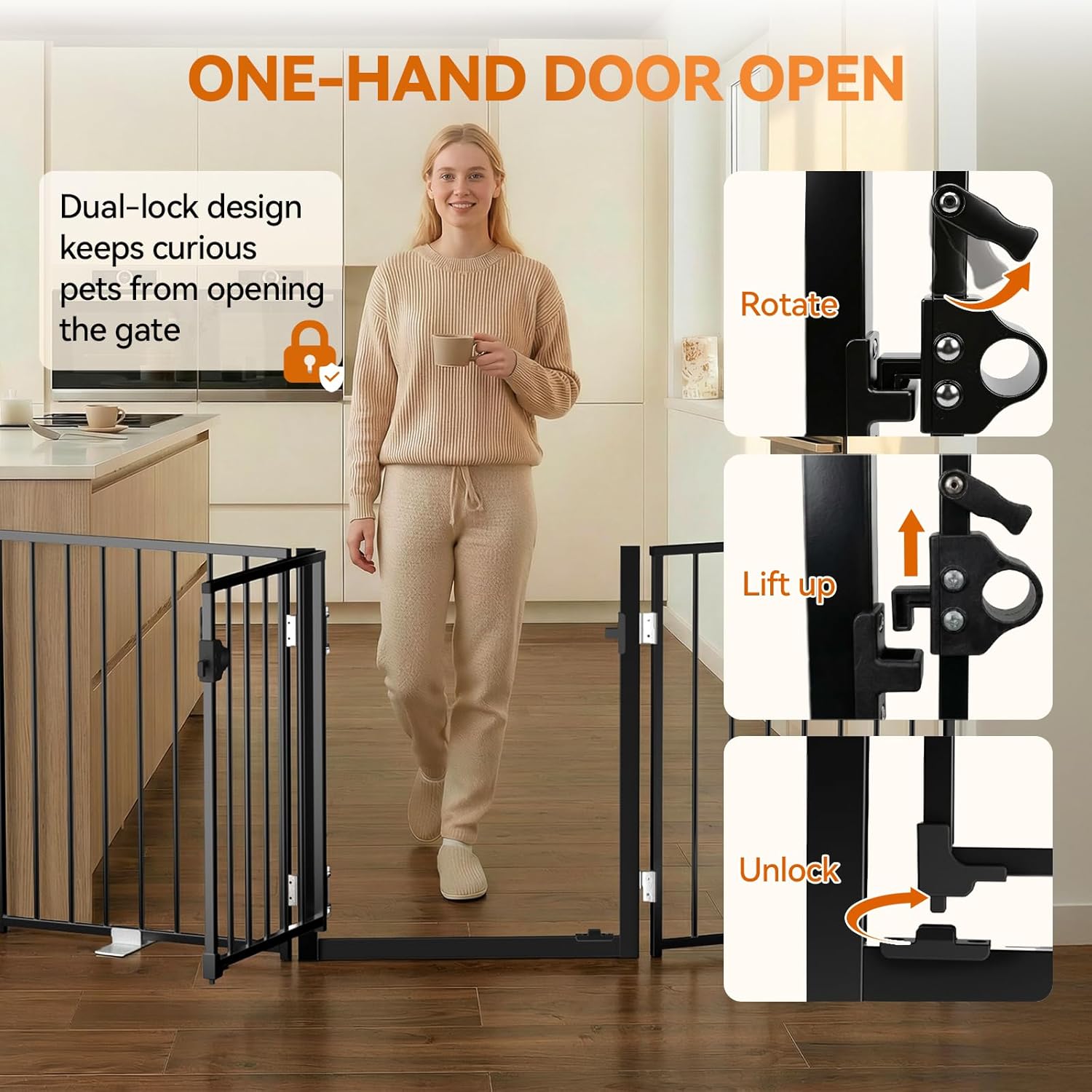 BFNN Metal Free Standing Dog Gate, 60" Extra Wide Foldable Pet Gate with Walk-Thru Door, Double-Locking Puppy Fence for Doorways, Stairs, Hallways, No Drill Heavy Duty Barrier for Dogs