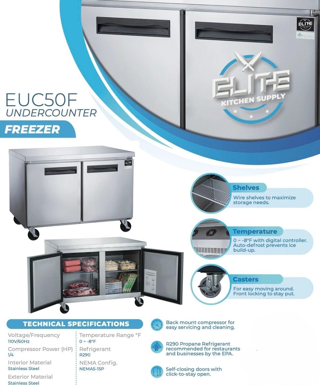 Commercial Undercounter Freezer, ETL NSF 2-Door Upright, 48.125