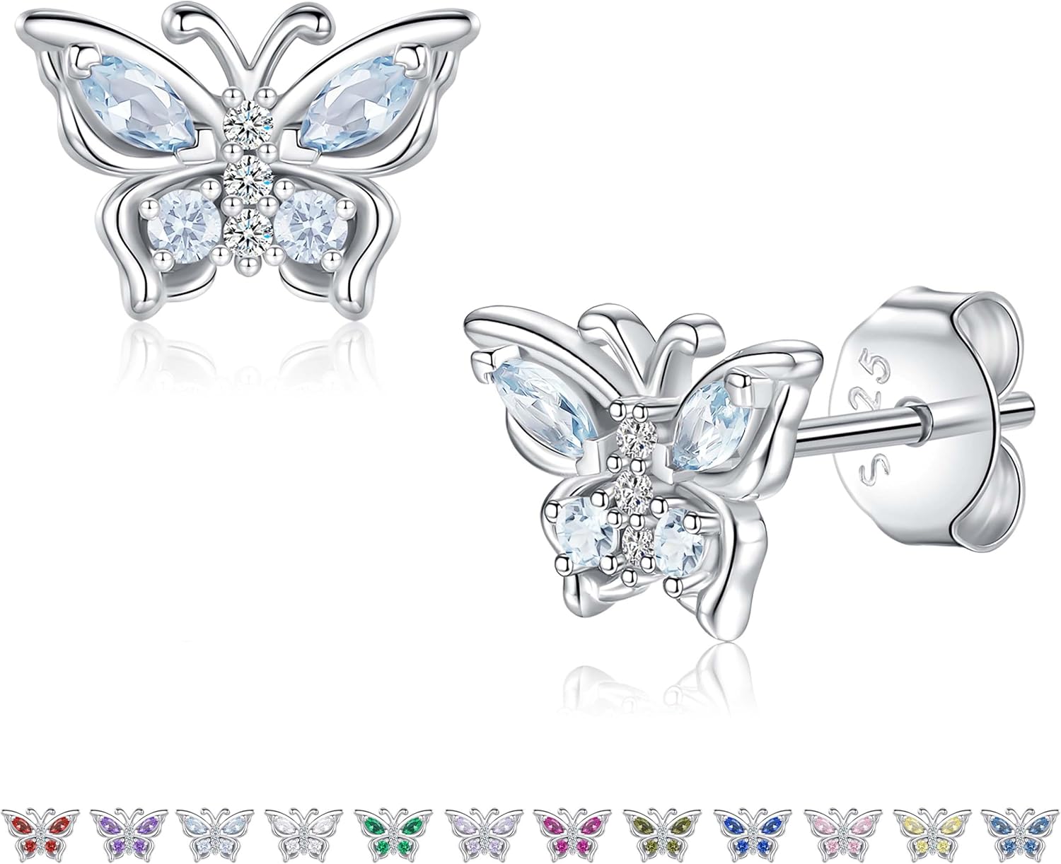 925 Sterling Silver Butterfly Earrings with Birthstone: Butterfly Stud Earrings Dainty Birthstones Studs Screw Back for Teens Loved Ones Birthday Mother's Day Christmas Jewelry Gifts