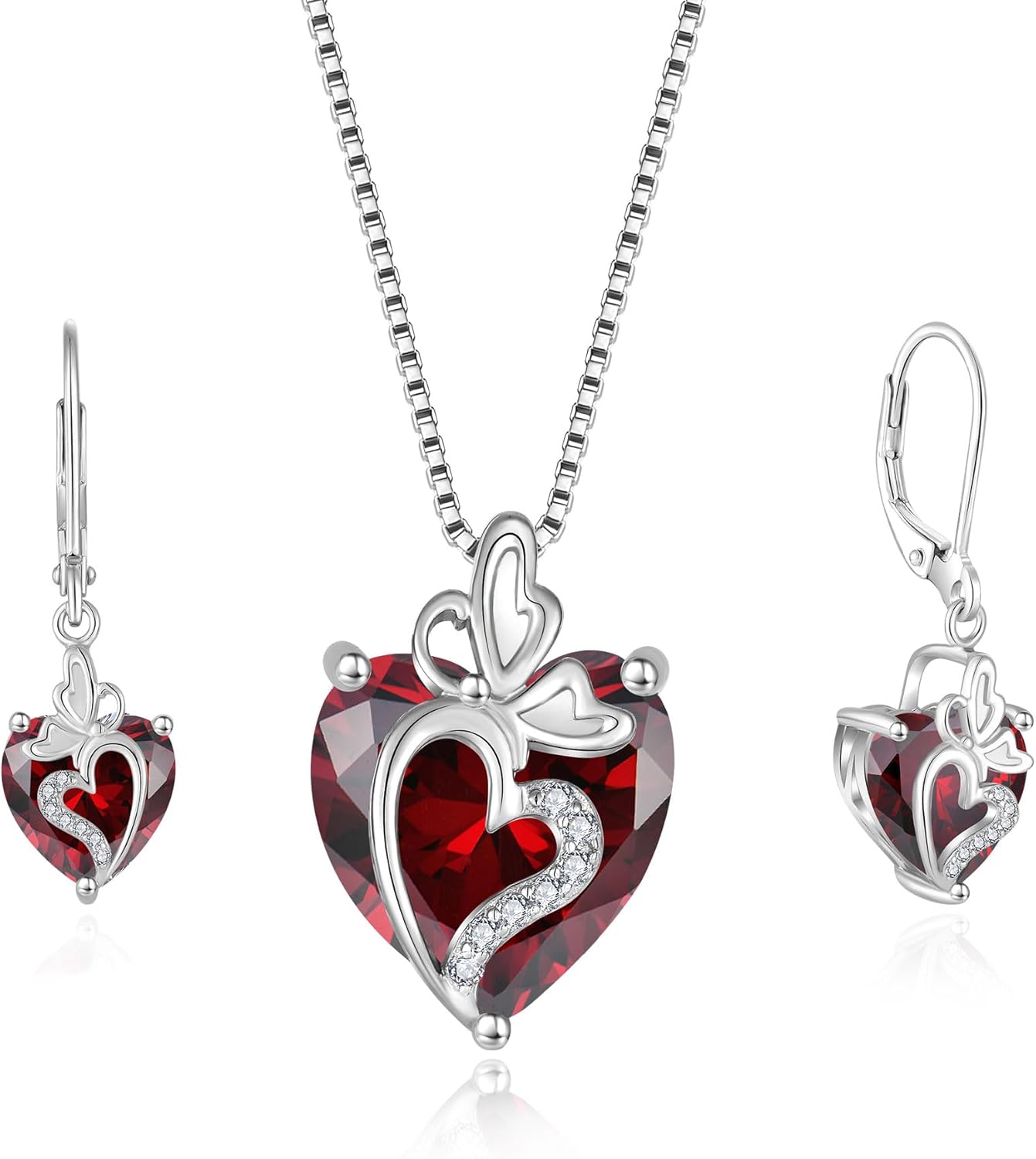 Butterfly Jewelry Set for Women 925 Sterling Silver Garnet Necklace and Earrings Set January Birthstone Jewellery Gifts for Her