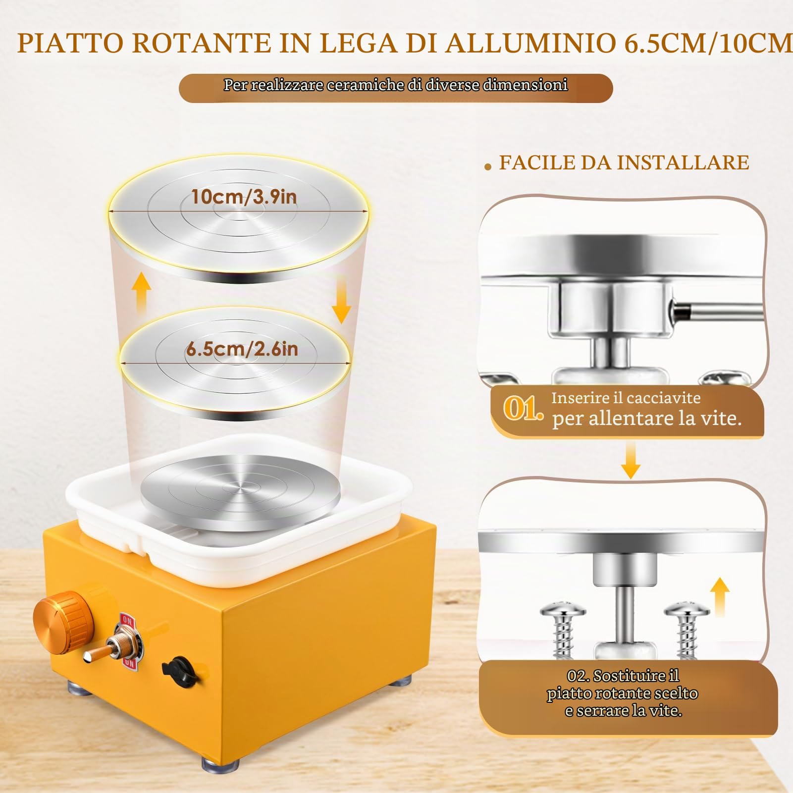 Tornio per Ceramica, Kooeuru Tornio per Argilla 2000 giri/min Velocità Regolabile con Piastre da 10/6,5 cm, Strumenti di Modellatura e Vasca Rimovibile, Tornio Ceramica per Bambini e Adulti, Giallo