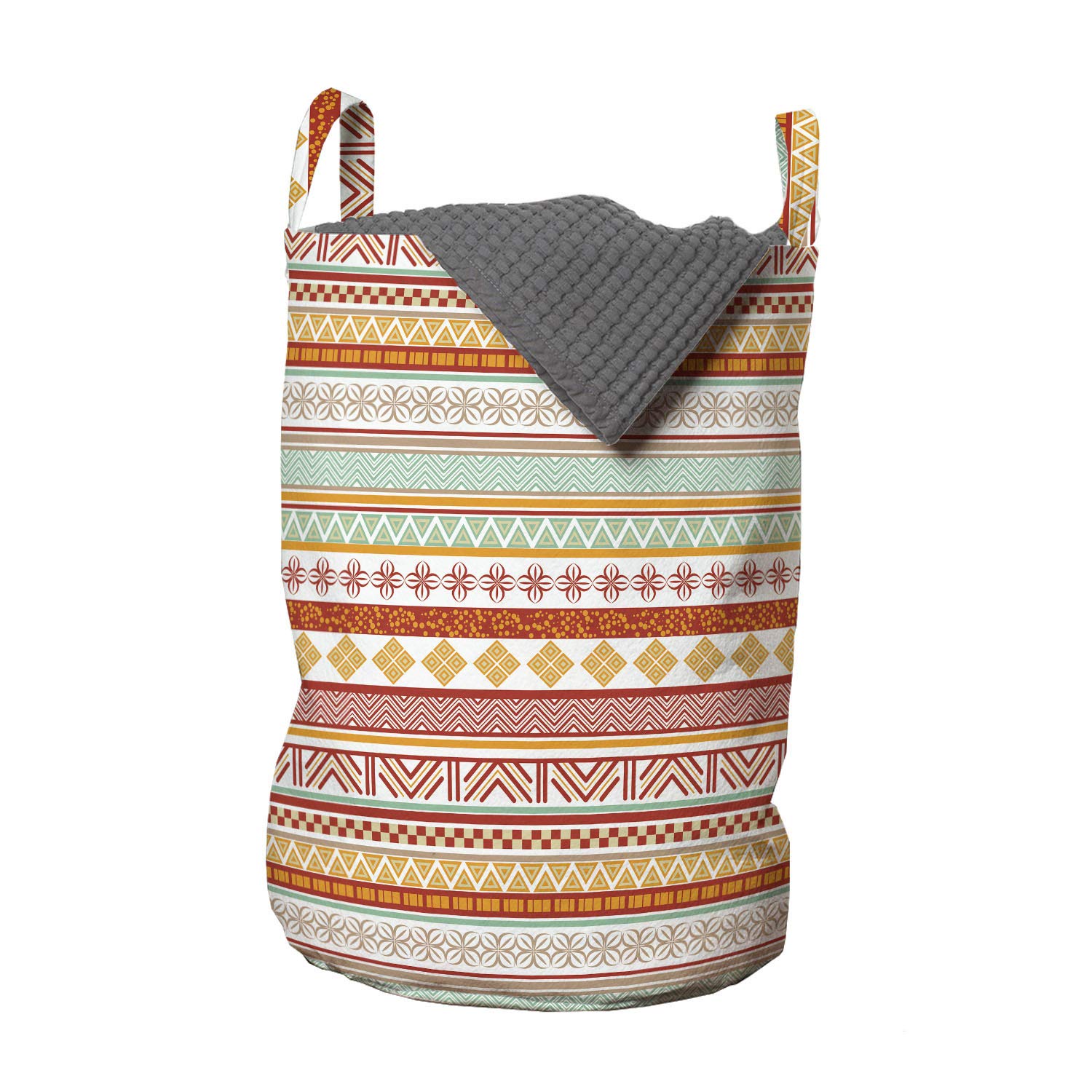 Ambesonne Tribal Laundry Bag, Striped Vintage Pattern with Geometric Floral Shapes Print, Hamper Basket with Handles Drawstring Closure for Laundromats, 13" x 19", Marigold Red