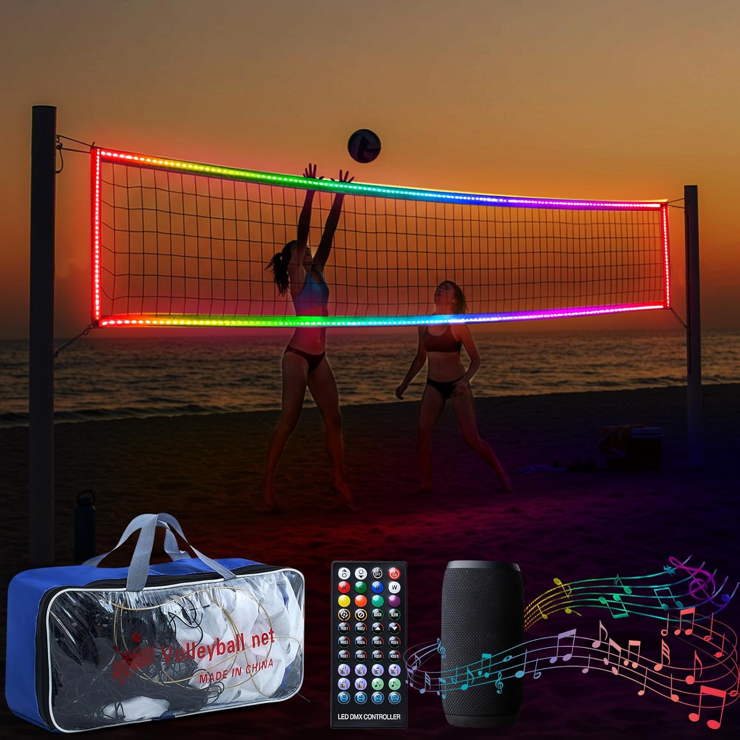 LED Professional Volleyball Net with Steel Cable 31.2x3.3ft Portable Light up Volleyball Net Outdoor with Remote Control Glow in The Dark for Backyard Beach Pool Game Outdoor
