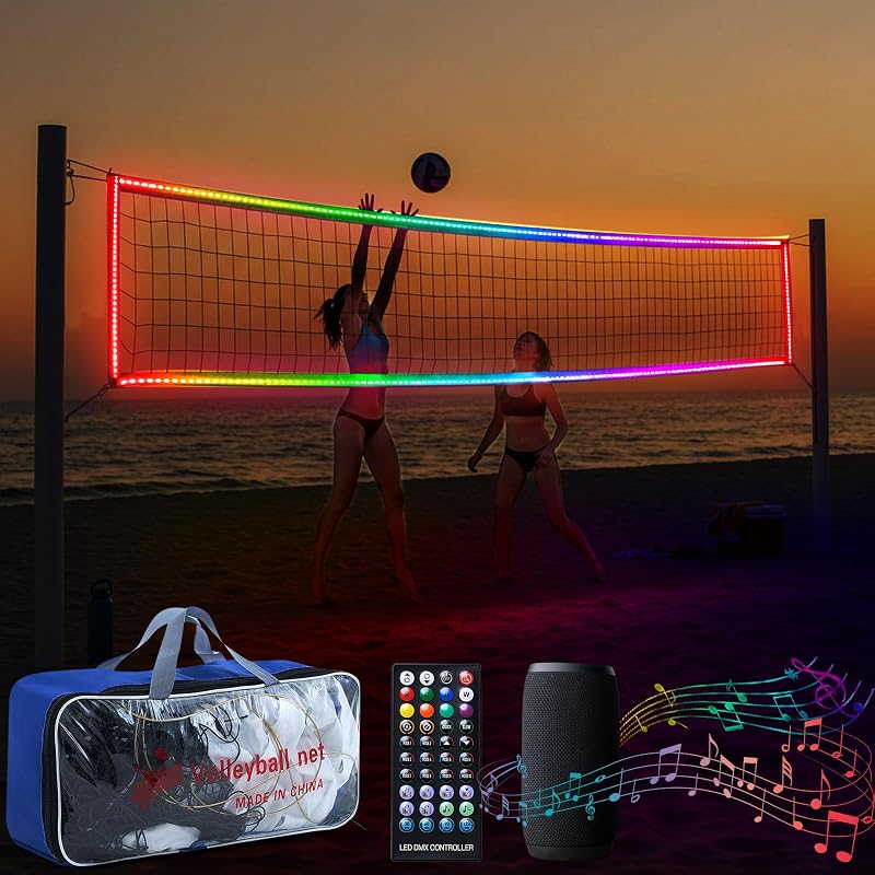 LED Professional Volleyball Net Remote Music 31.2x3.3ft Beach Backyard Pool | Portable Light up Volleyball Net Outdoor with Steel Cable Glow in The Dark for Backyard Beach Pool Game Outdoor