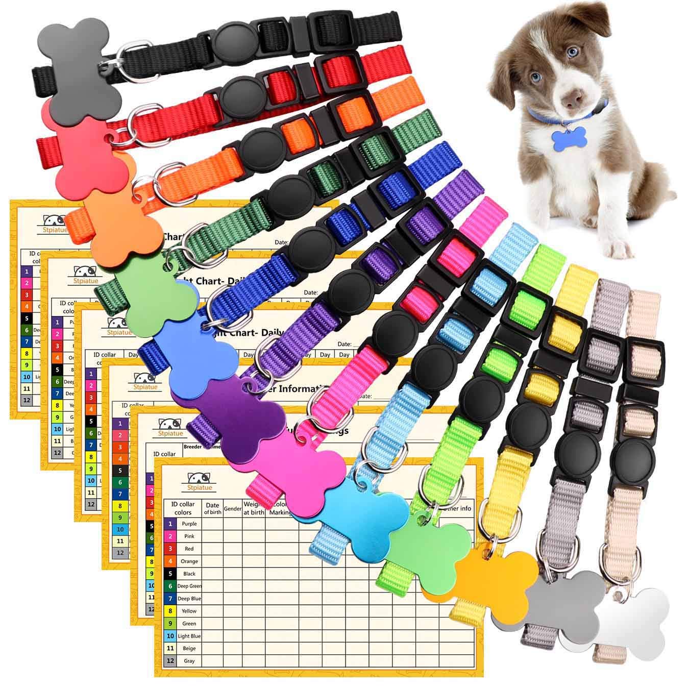 Upgraded Puppy Collars for Litter Puppy ID Collars Whelping Supplies Soft Nylon Breakaway Coloured Collars with 12 ID Tags and 6 Record Keeping Charts(M)