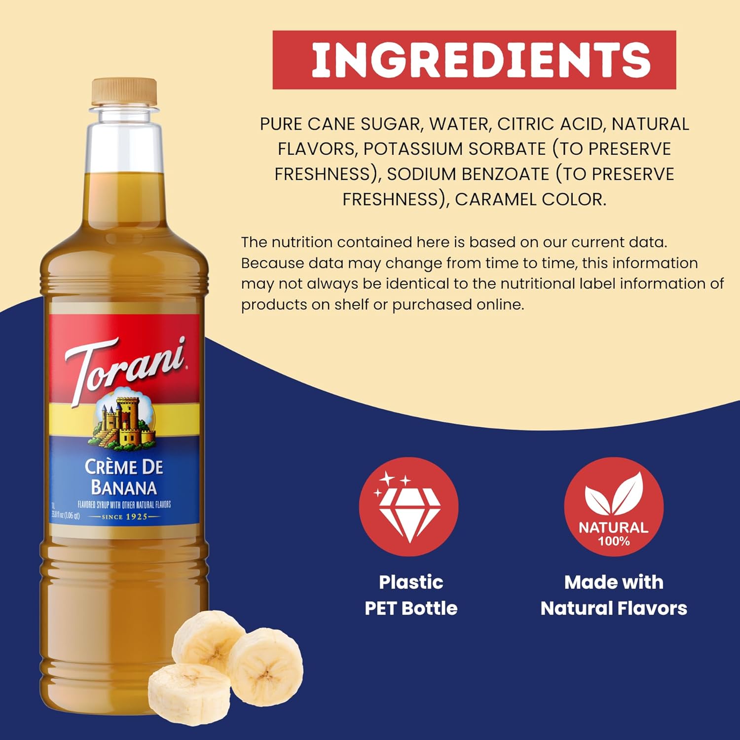 Torani Crème De Banana Syrup 1 Liter Bottle with Pump – Premium Banana Flavoring with Pure Cane Sugar & Natural Ingredients for Coffee, Cocktails, Desserts, Smoothies & More