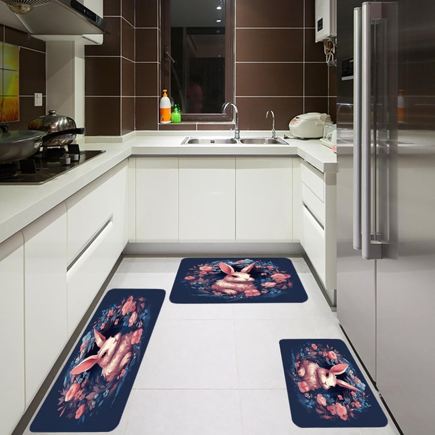 Rabbit in Garland Kitchen Rugs Set of 3 Non Slip Washable Kitchen Mats for Floor Soft Area Rug Kitchen Floor Mat Cushioned Anti Fatigue Mats Standing Sink Mat Decor Runner Rugs