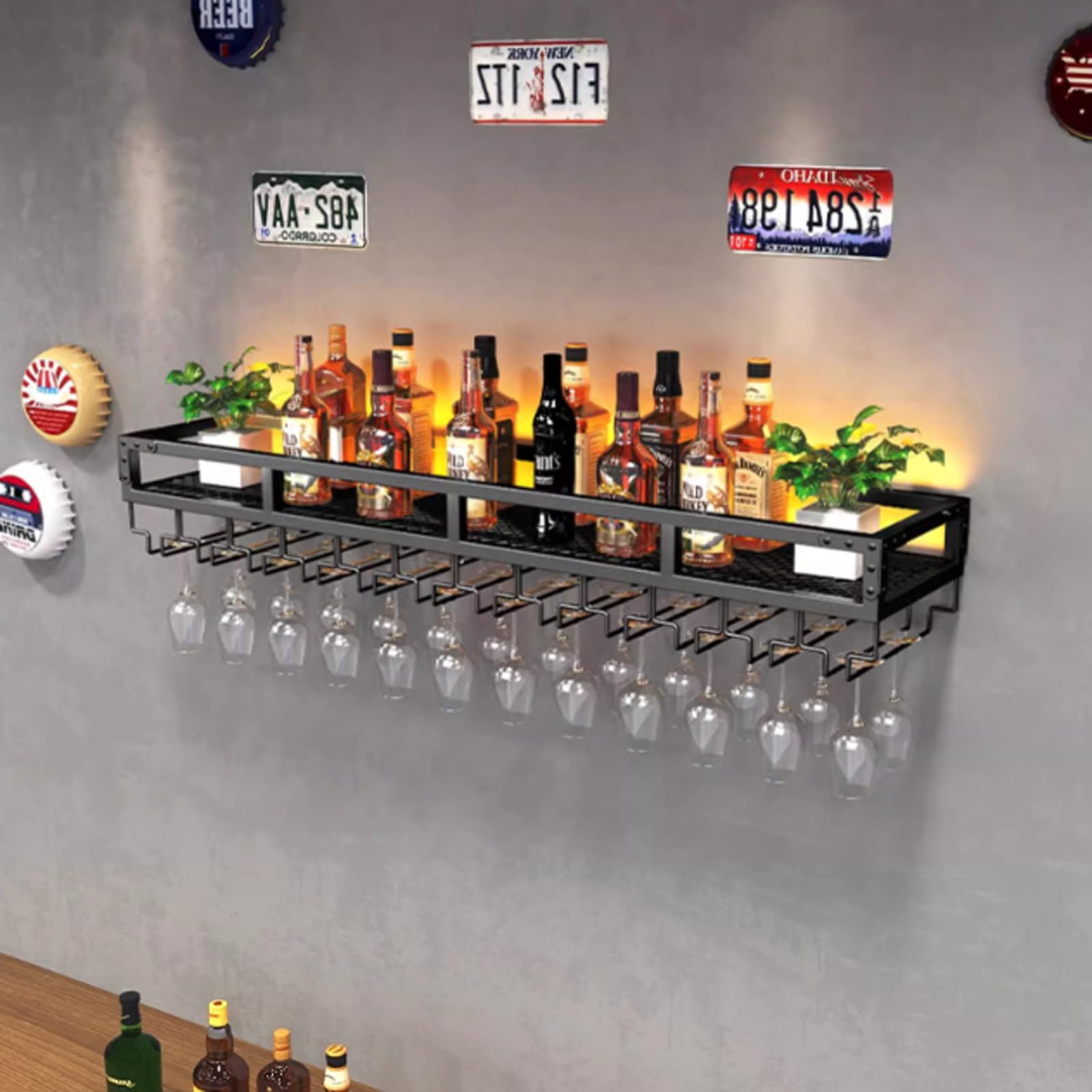 Portabottiglie da parete con supporto in vetro per bar di casa | Mensola a muro in ferro rinforzato con fessure per appendere oggetti, ideale per ristoranti, caffè e bar(gold,120cm/47.2")