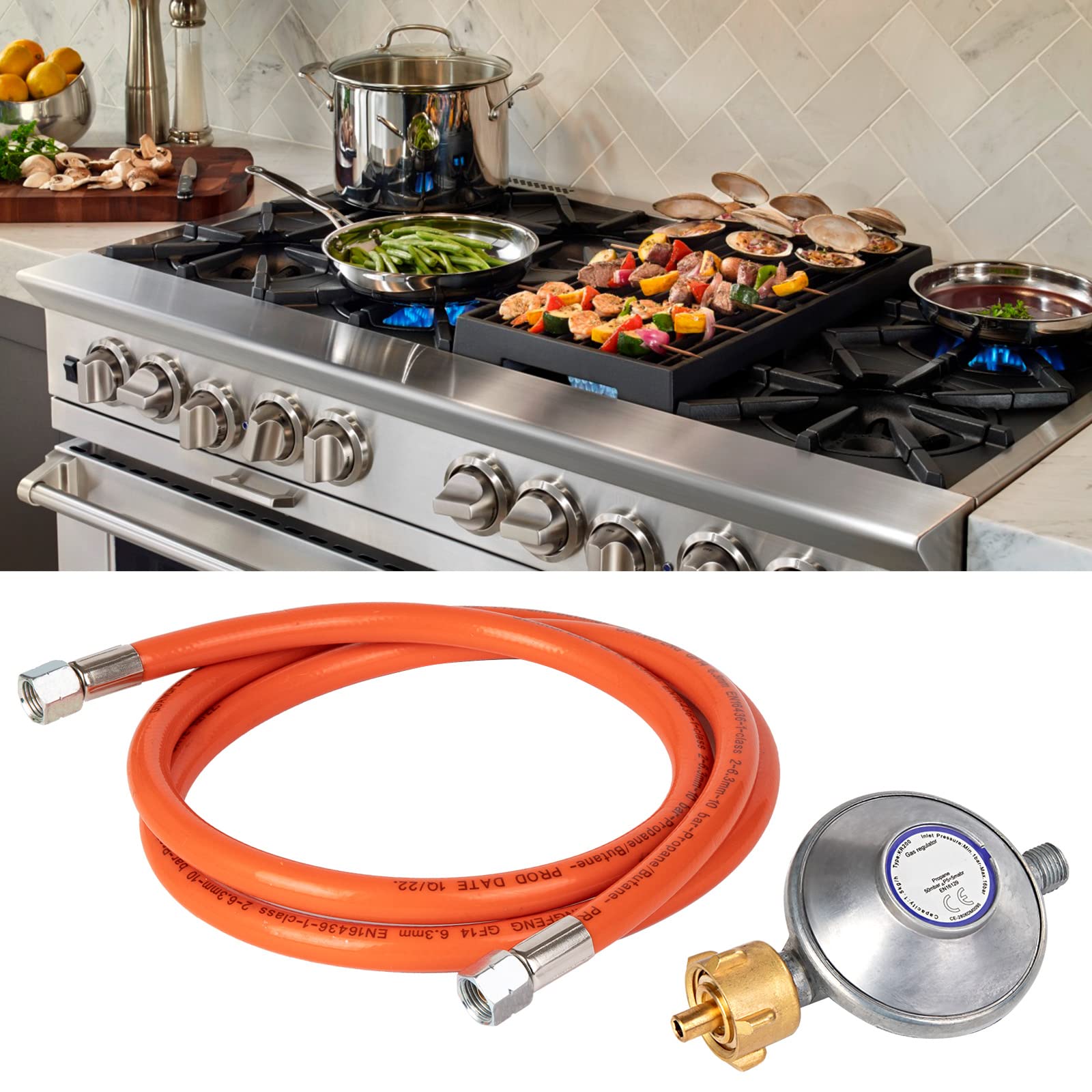 PHYLES Regolatore di pressione del gas 50mbar，Set con riduttore di pressione per gas e tubo per il gas, lunghezza 1,5 m