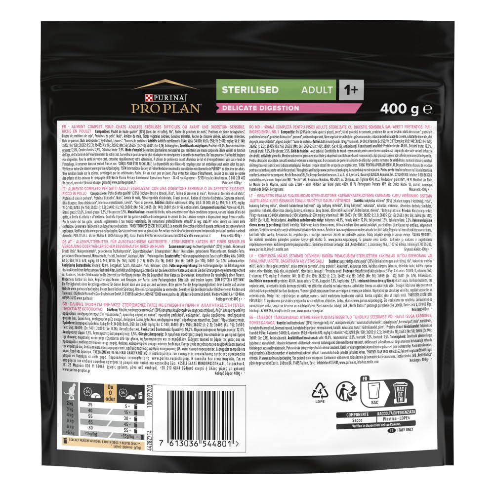 Pro Plan Sterilised Adult 1+ Delicate Digestion, Katzenfutter trocken, reich an Huhn, 8er Pack (8 x 400g)