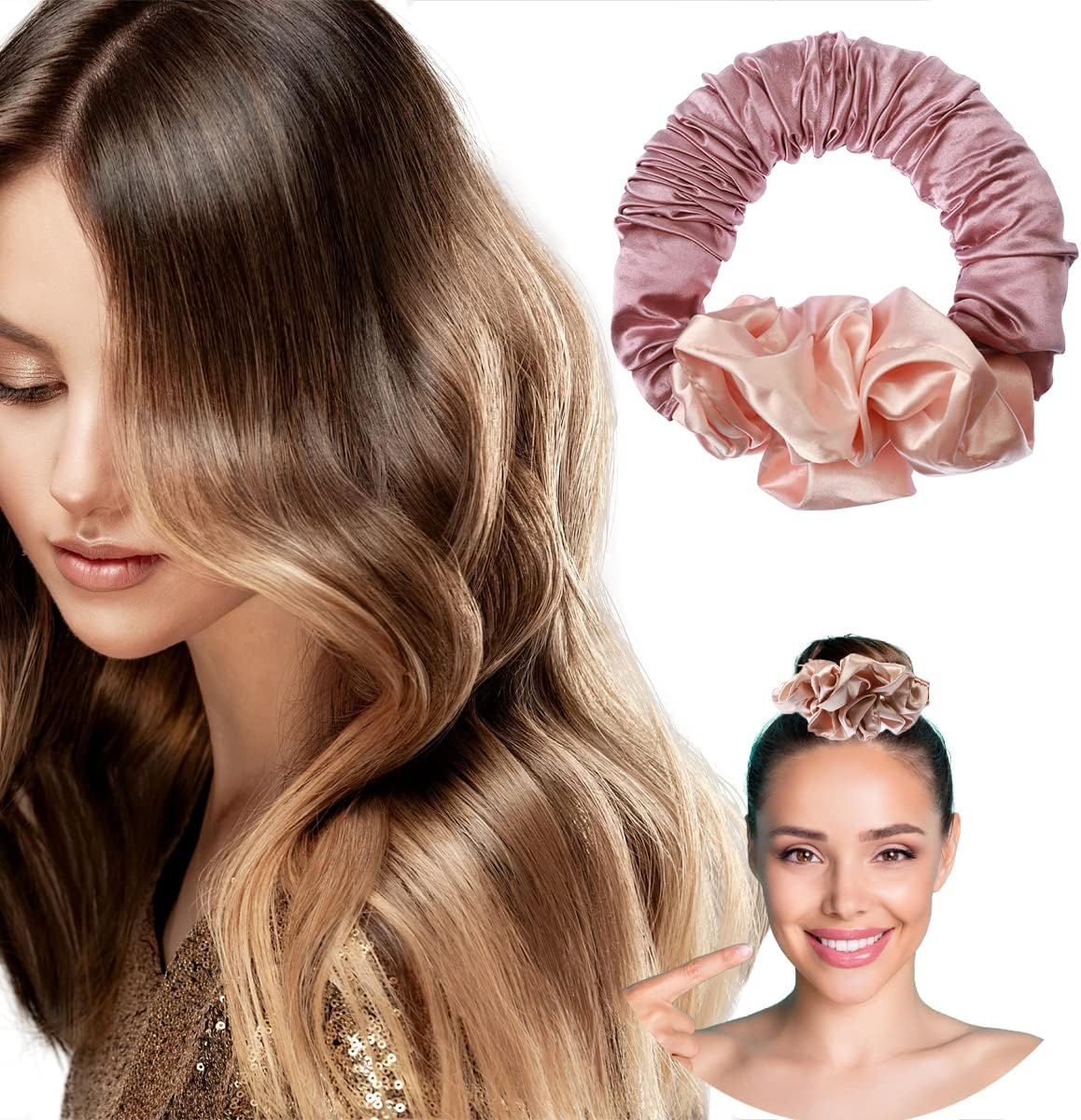 Heatless Hair Curler, 2022 Heatless Hair Curls, 2022 Soft Sleep Tie Scrunchie for Long Hair Sleepytime Scrunchie Heatless Curling Ponytail Hairband Silk Lazy Rollers for Women OvernightSoft Hair Curls to Sleep in for Long Hair No Heat Curling Headband Ponytail Hairband Silk Lazy Scrunchie Rollers Magic Hairdresser Tools for Women Overnight(Light Pink)