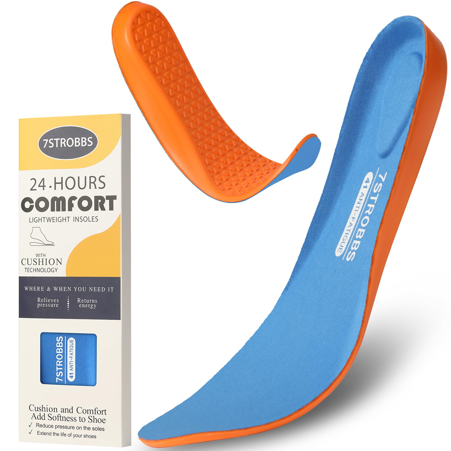 7STROBBS Cushion Insoles for Mens,Shock Absorbing Gel Shoe Inserts for Foot Pain Relief,Replacement Comfort Inner Soles for Work Boots and All Day Standing(Blue-US7