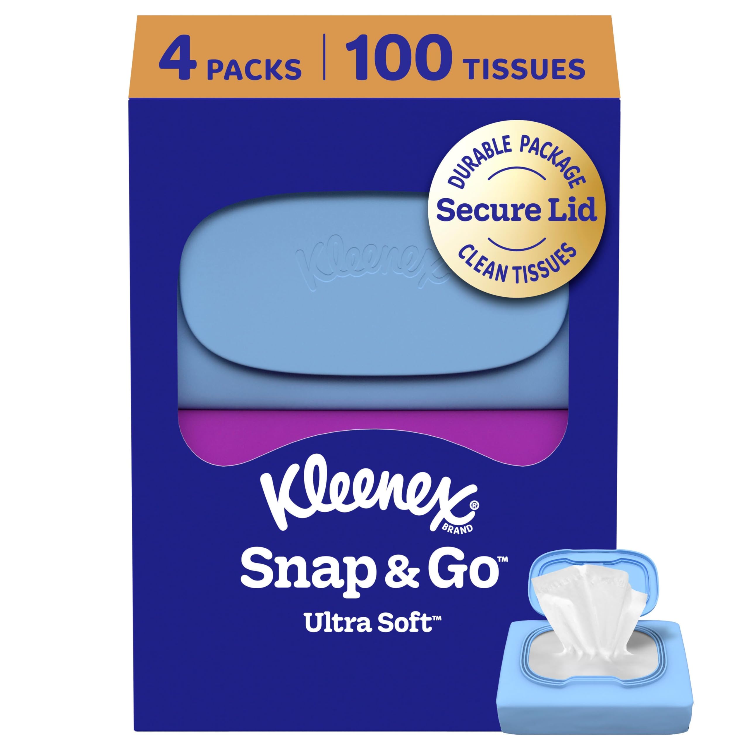 Kleenex Snap & Go Ultra Soft Facial Tissues, 4 On-the-Go Packs, 25 Tissues per Pack, 3-Ply, Packaging May Vary
