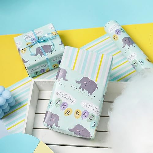 Miniatura 10 de LeZakaa Papel de regalo reversible para baby shower, elefante y huella en rosa para bebé, 17 pulgadas x 32.8 pies (46.45 pies cuadrados)