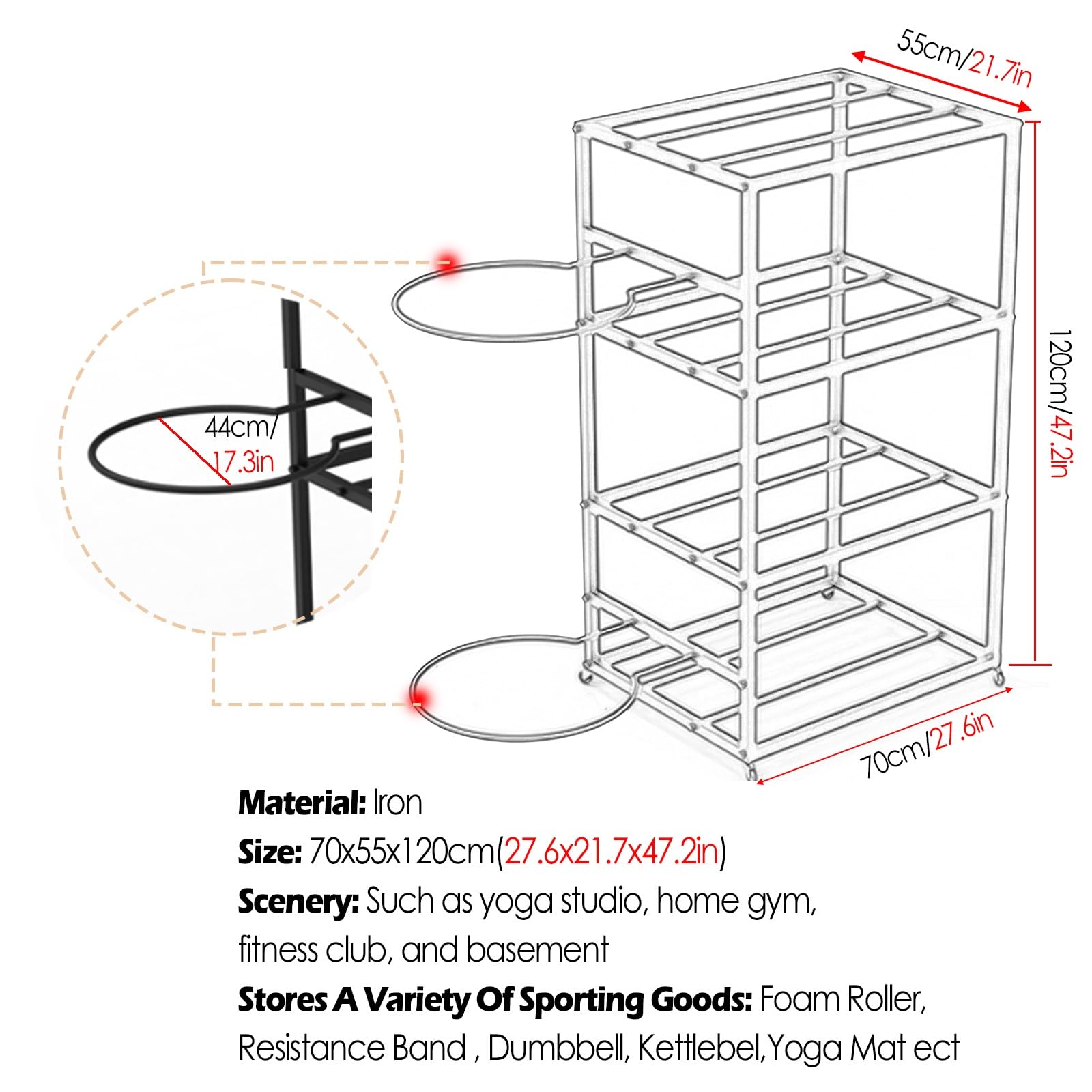 Soporte para Esterilla de Yoga, con Ruedas, para Guardar Rodillos de Espuma en el Gimnasio y Entrenar en casa, Organizador de Suelo para Pilates y colchonetas de Ejercicio (Blanco, 70 x 55 x