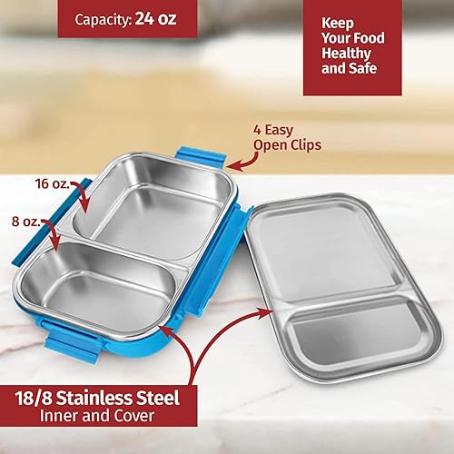 Miniatura 3 de Signoraware Bento Box de acero inoxidable para hombres, 24 onzas, azul aguamarina, a prueba de fugas entre 2 compartimentos, control de porciones,