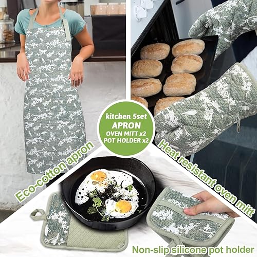 Miniatura 11 de Juego de 5 manoplas para horno y agarraderas con delantal de cocina, guantes de cocina resistentes al calor y agarraderas antideslizantes de