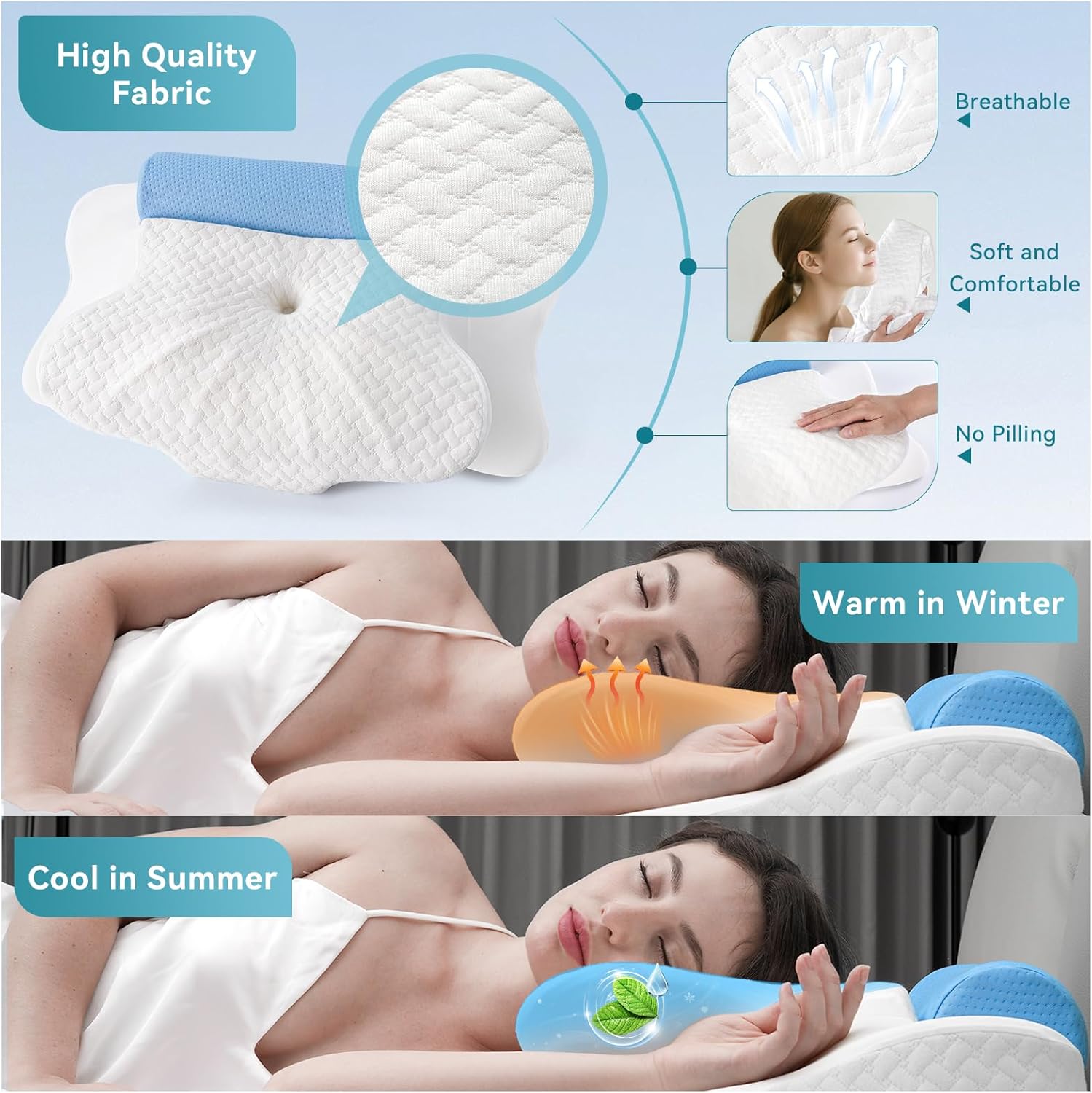 Cervical Pillow with Removable Neck Roll 2-in-1,Orthopedic Memory Foam Pillow for Side, Back & Stomach Sleepers, Ergonomic Traction Support for Neck Shoulder Back Pain Relief, Sleeping Comfort