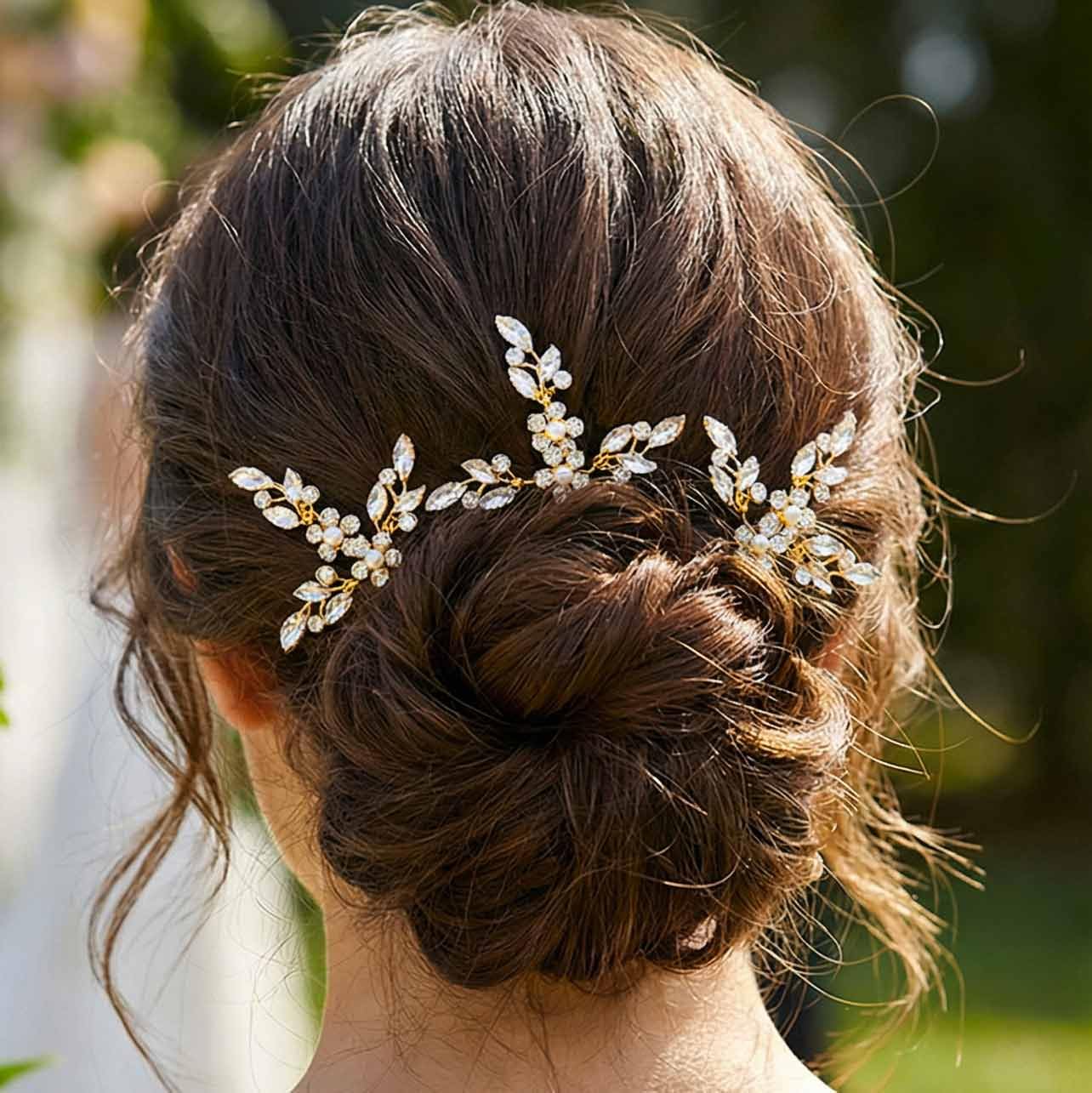 Heread Leaf Bride Wedding Hair Pins Crystal Bridal Head Dress Pearl Hair Accessories for Women and Girls (Pack of 3) (C Gold) - Image 2