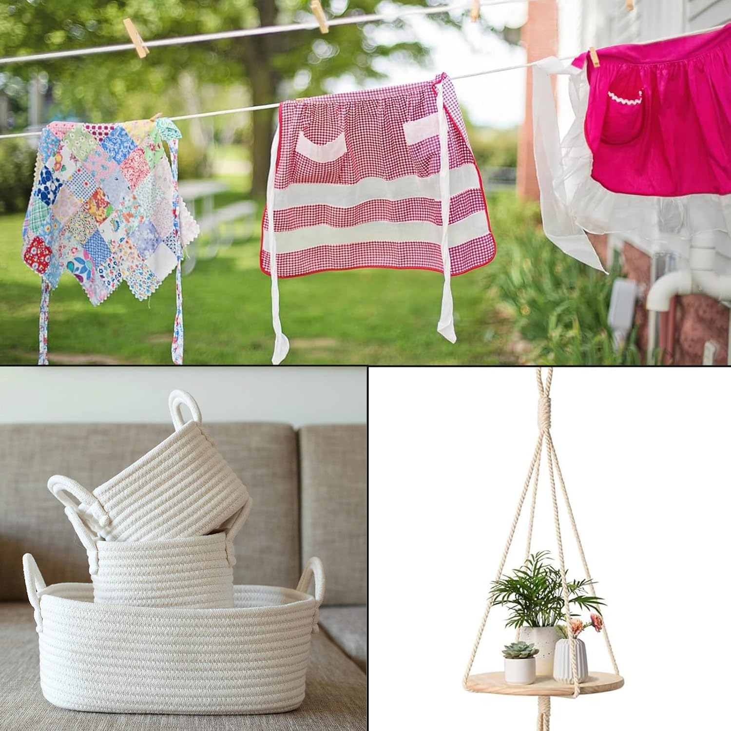 Corde à Linge en Coton Tressé 6mm x 100m - Corde Naturelle Multi-Usage pour Bricolage, Panier, Plantes et Séchage - Blanc 100 Mètres