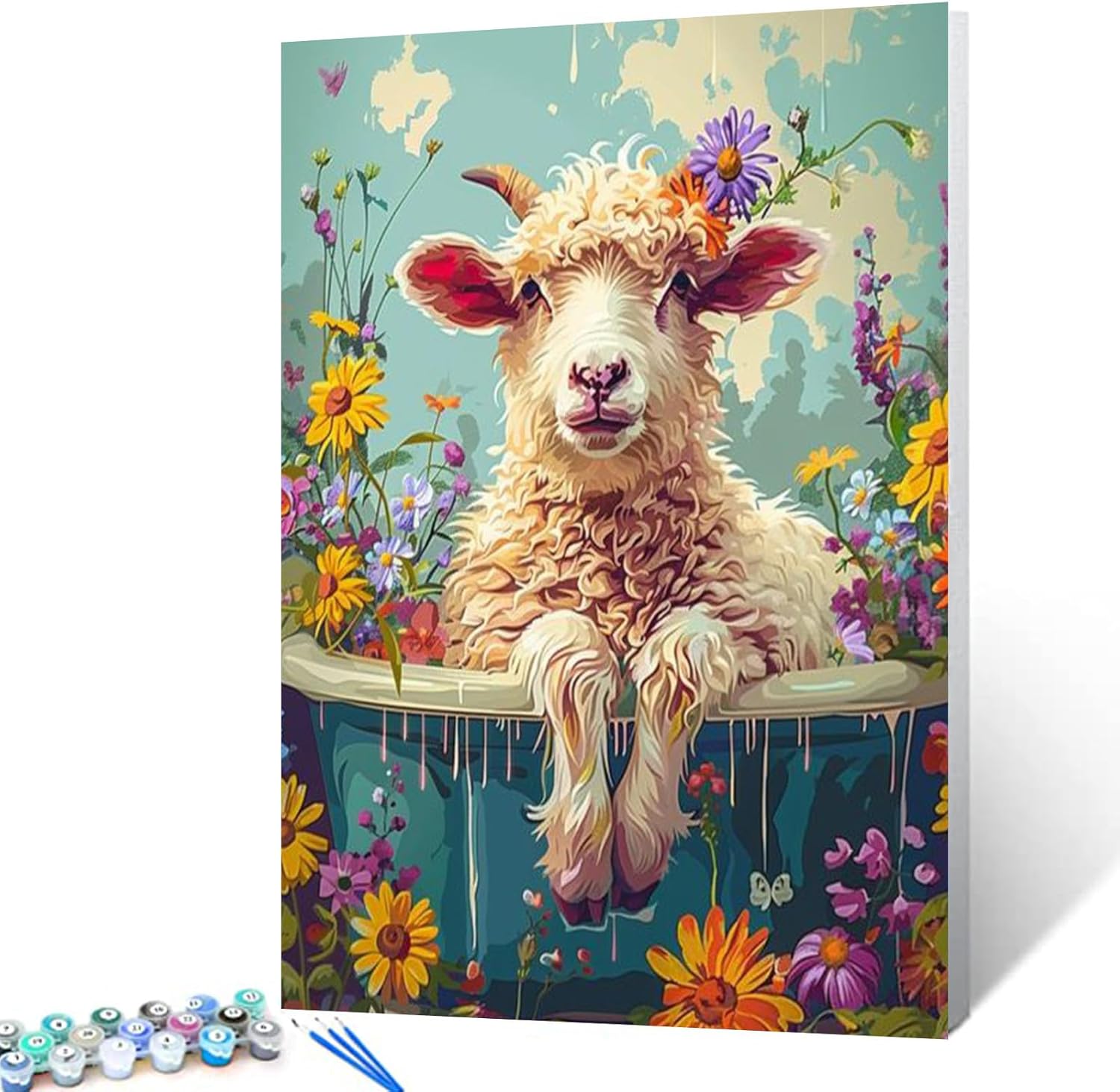 Farmhouse Animal Cow in The Tub Paint by Number Farm Cow Looking at You DIY Painting on Canvas with Brushes Acrylic Paints Paint by Numbers for Adults and Kids Beginner 16x20 Inch?DIY Frame? 16''x20''(DIY Frame) Flowers Animal 08