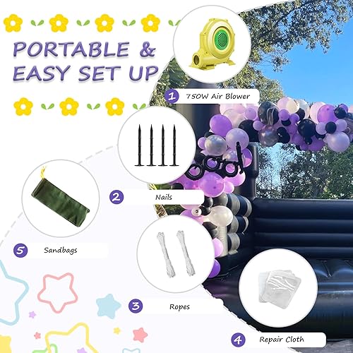 Vista 5 de Casa de rebote negra para adultos y niños, 13.5 pies x 11.5 pies x 10 pies de PVC de grado comercial con potente soplador de 750 W para niños de 5 a